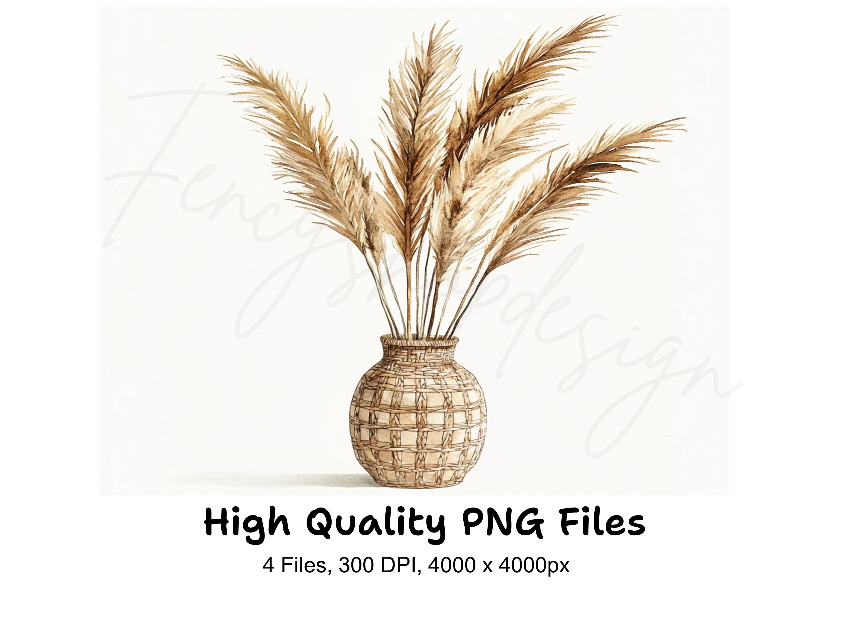 Pampas Grass in Woven Vases Clipart Bundle