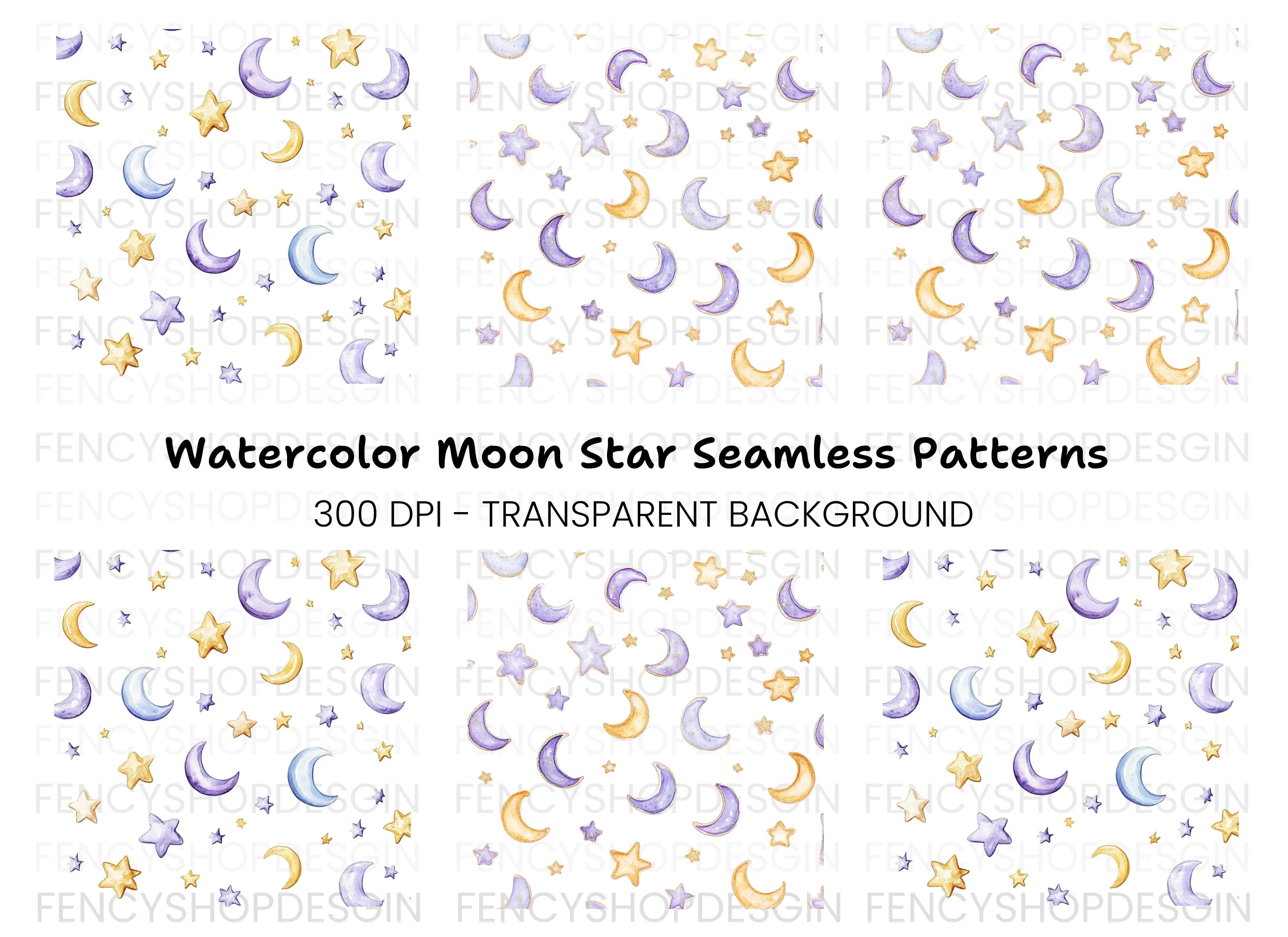 Moon and Stars Seamless Pattern Clipart Bundle