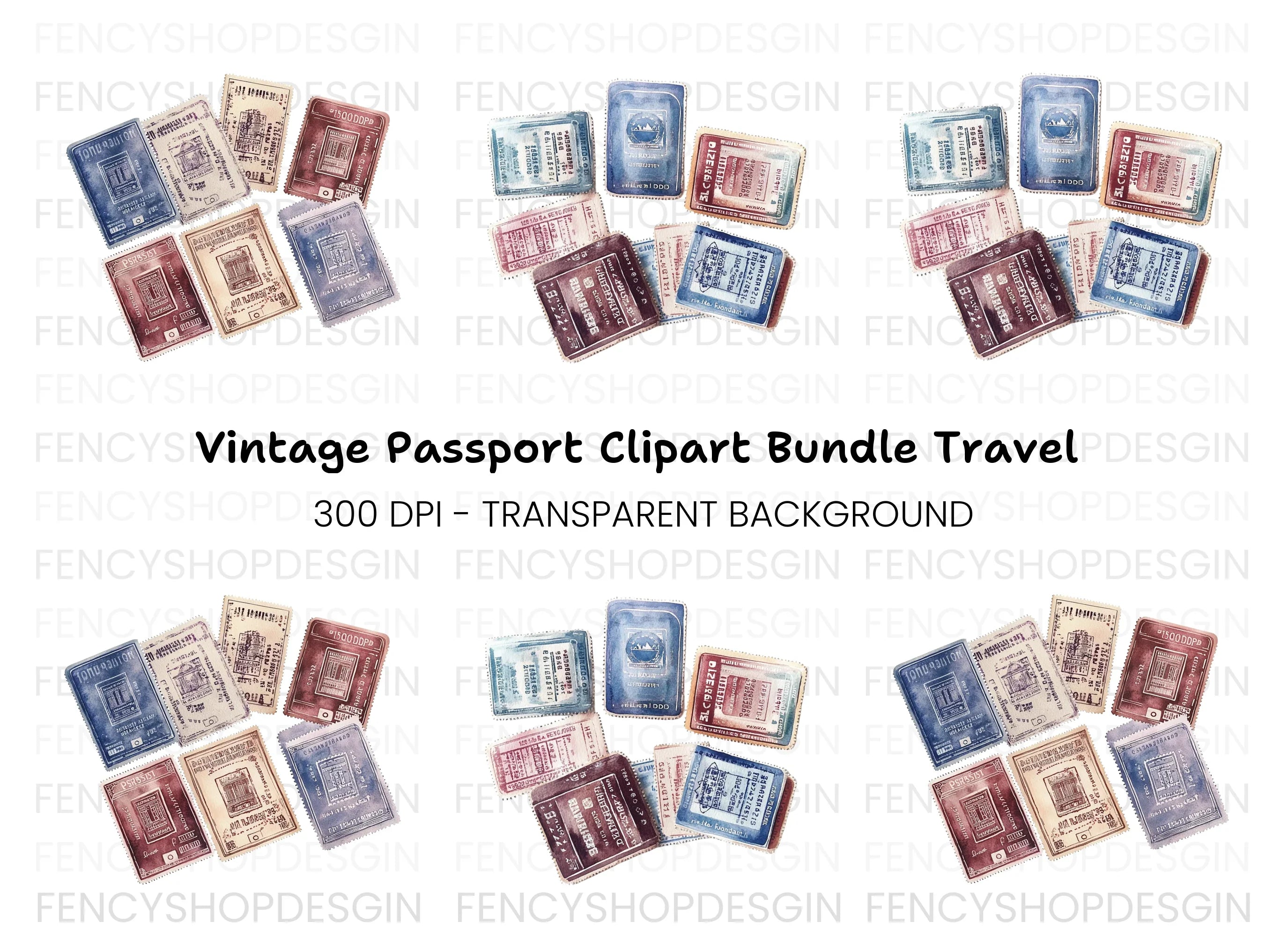 Vintage Passport Stamps Clipart Bundle