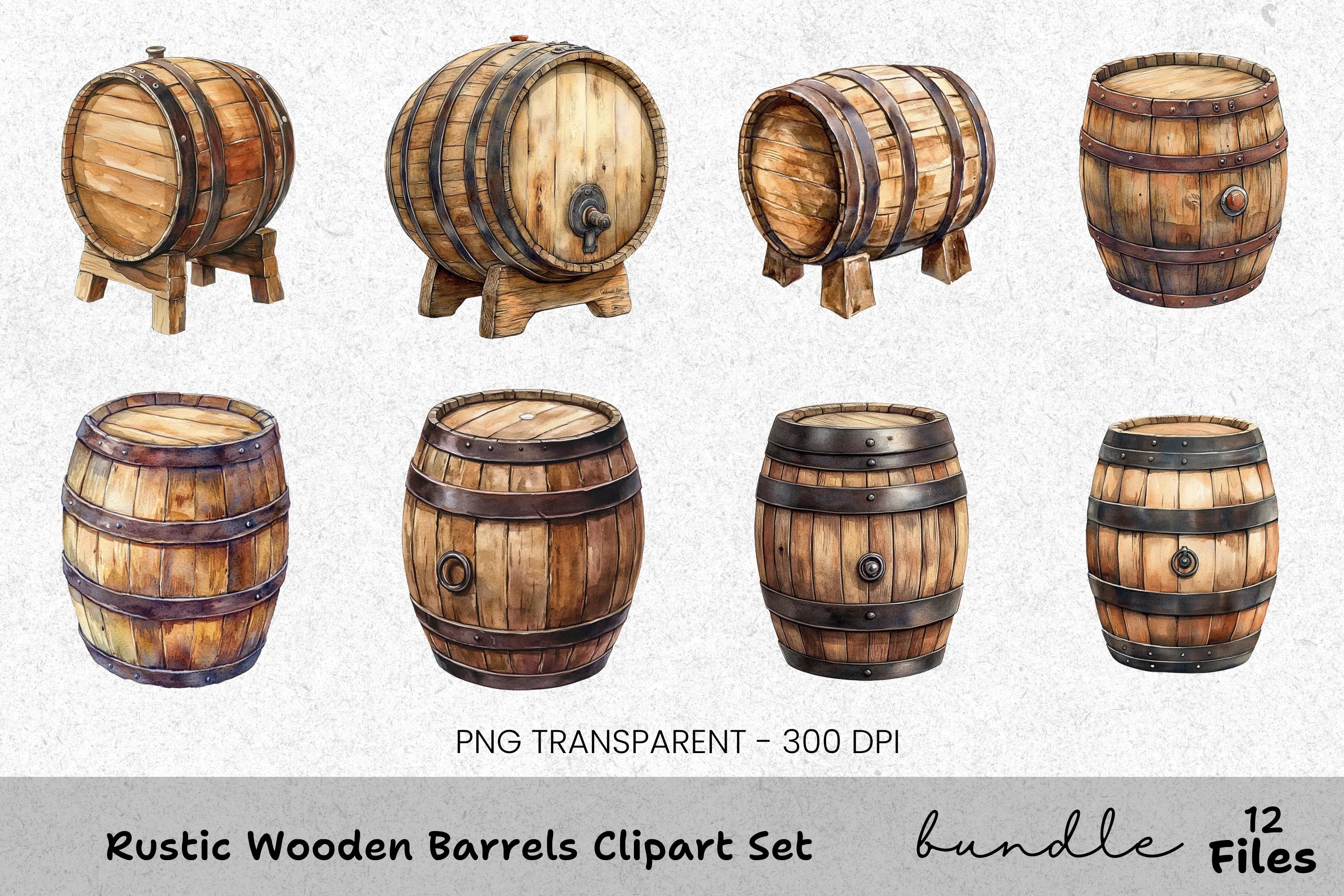 Rustic Wooden Barrels Clipart Bundle