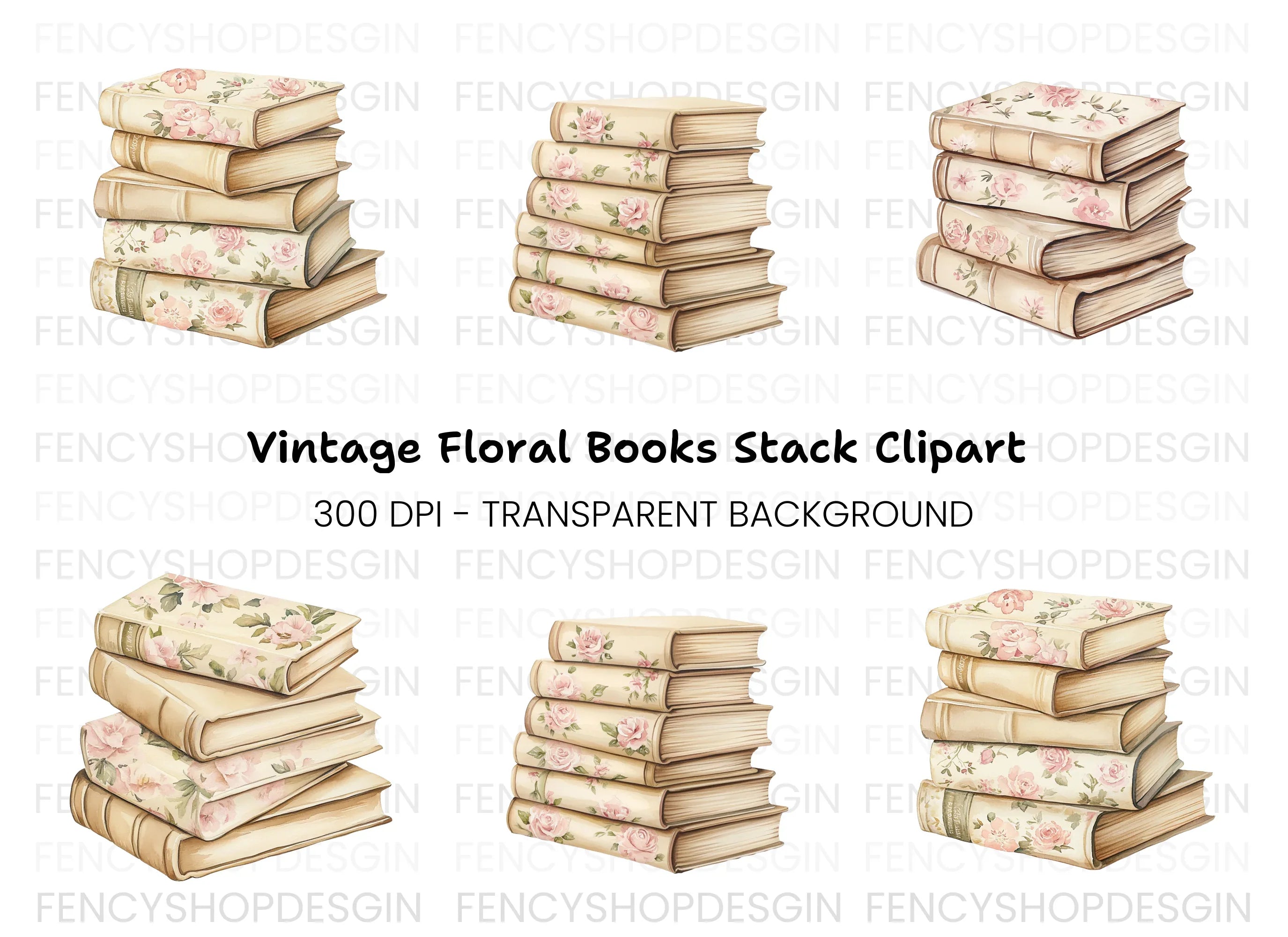 Vintage Floral Book Stacks Clipart Bundle