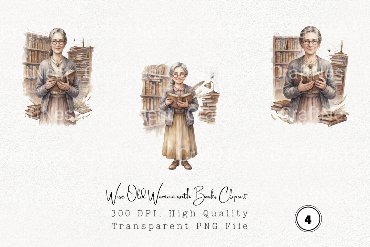 Wise Old Woman With Books Clipart Planner