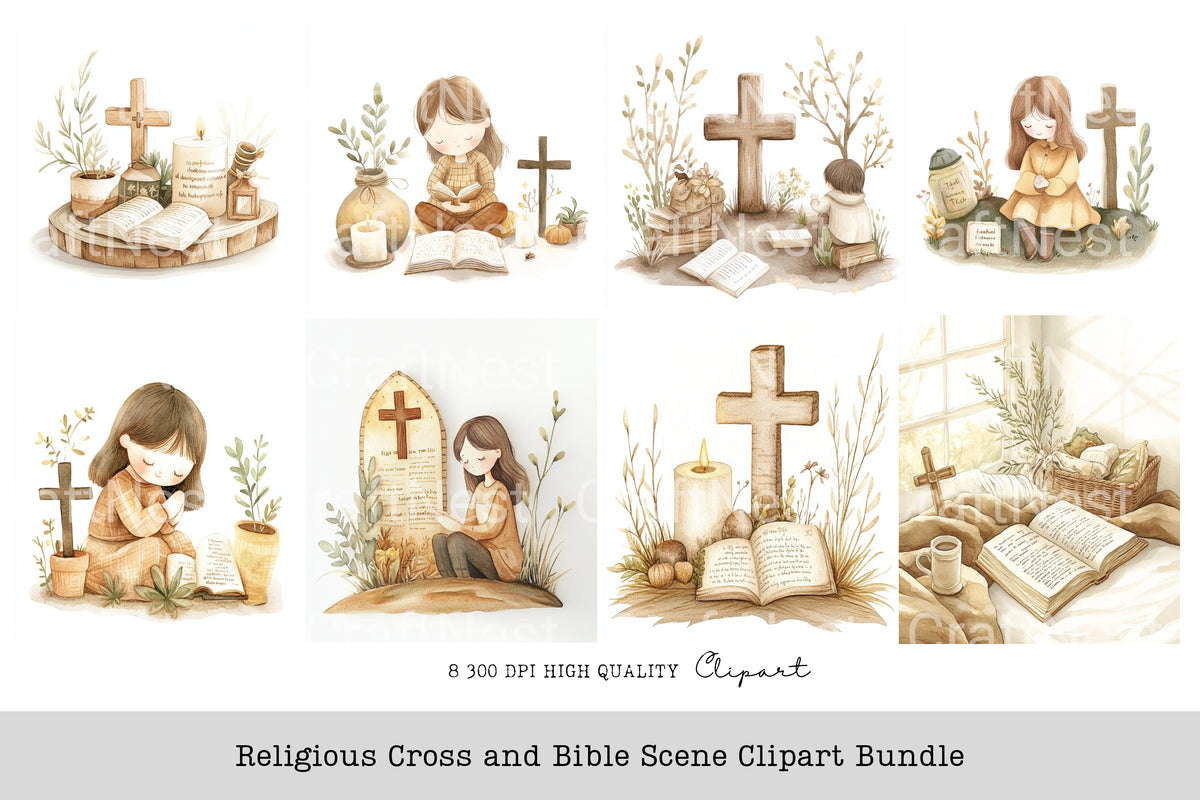 Religious Cross And Bible Scene Clipart Bundle
