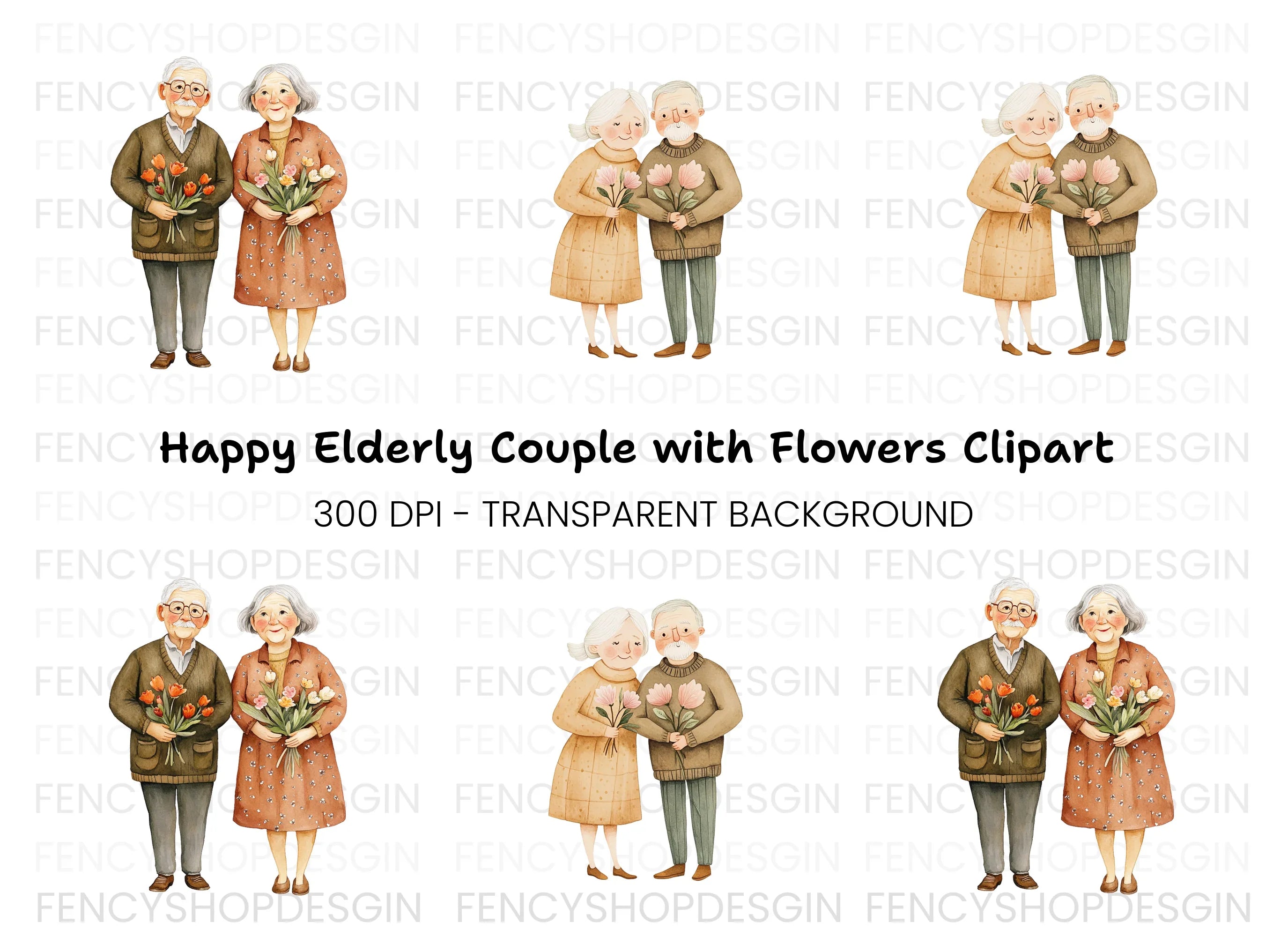 Elderly Couples with Flowers Clipart Bundle