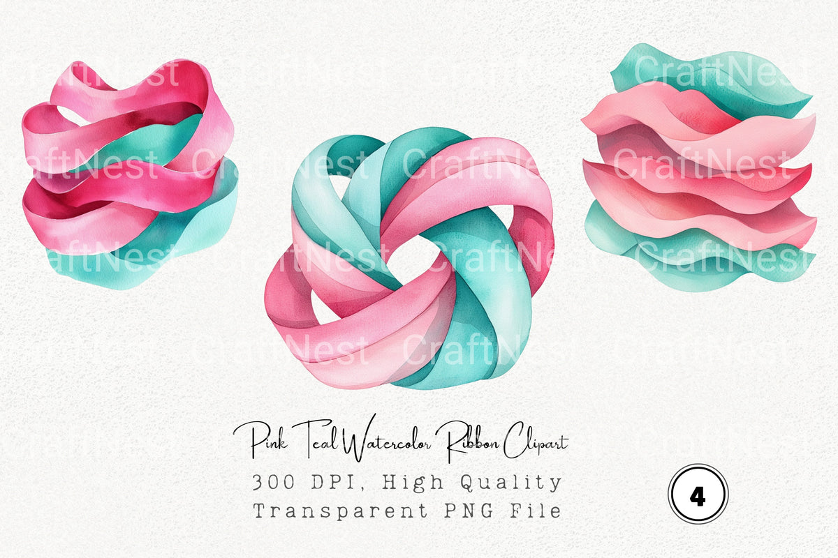 Pink Teal Ribbon Clipart Bundle