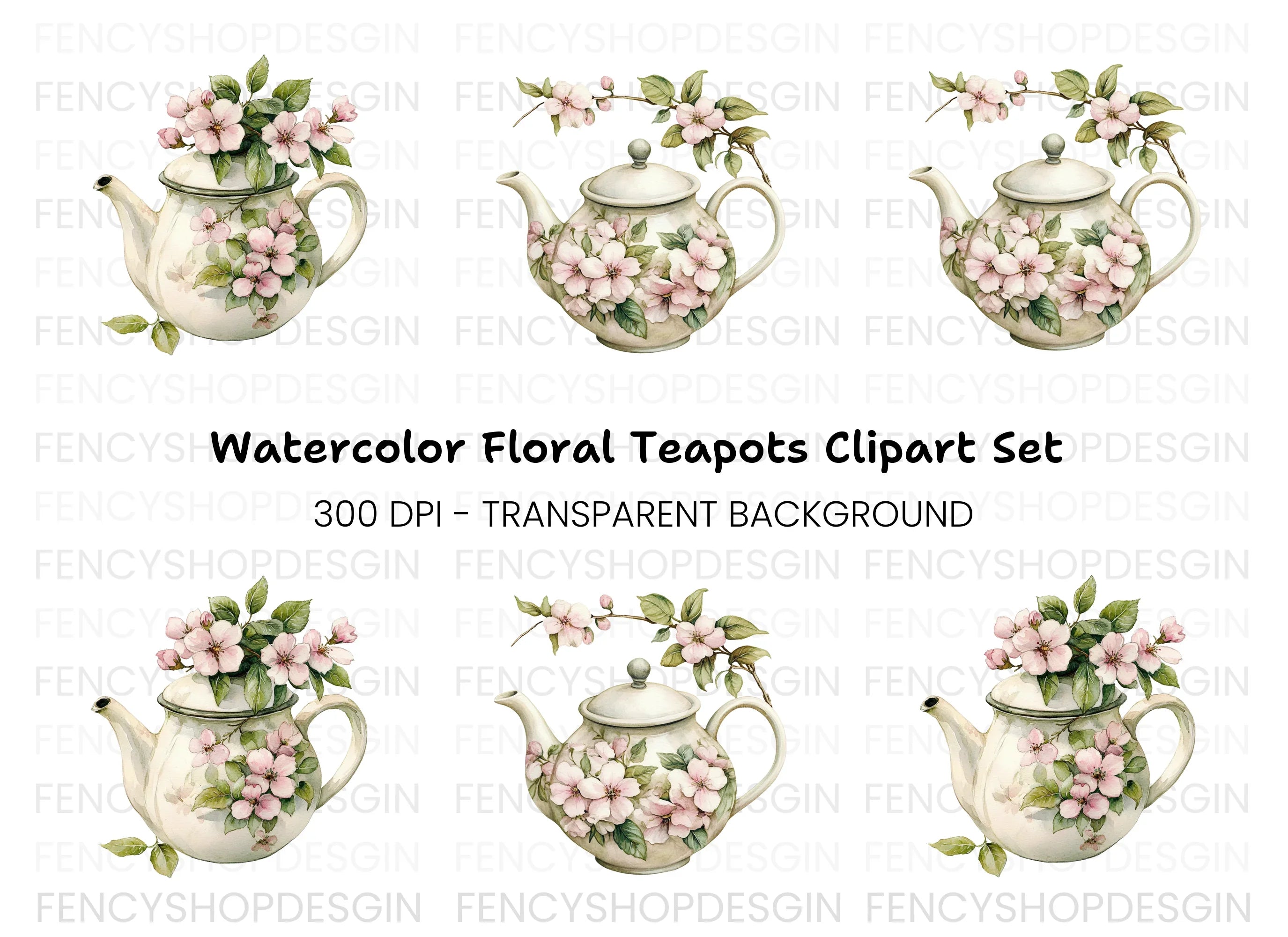 Cherry Blossom Teapots Clipart Bundle