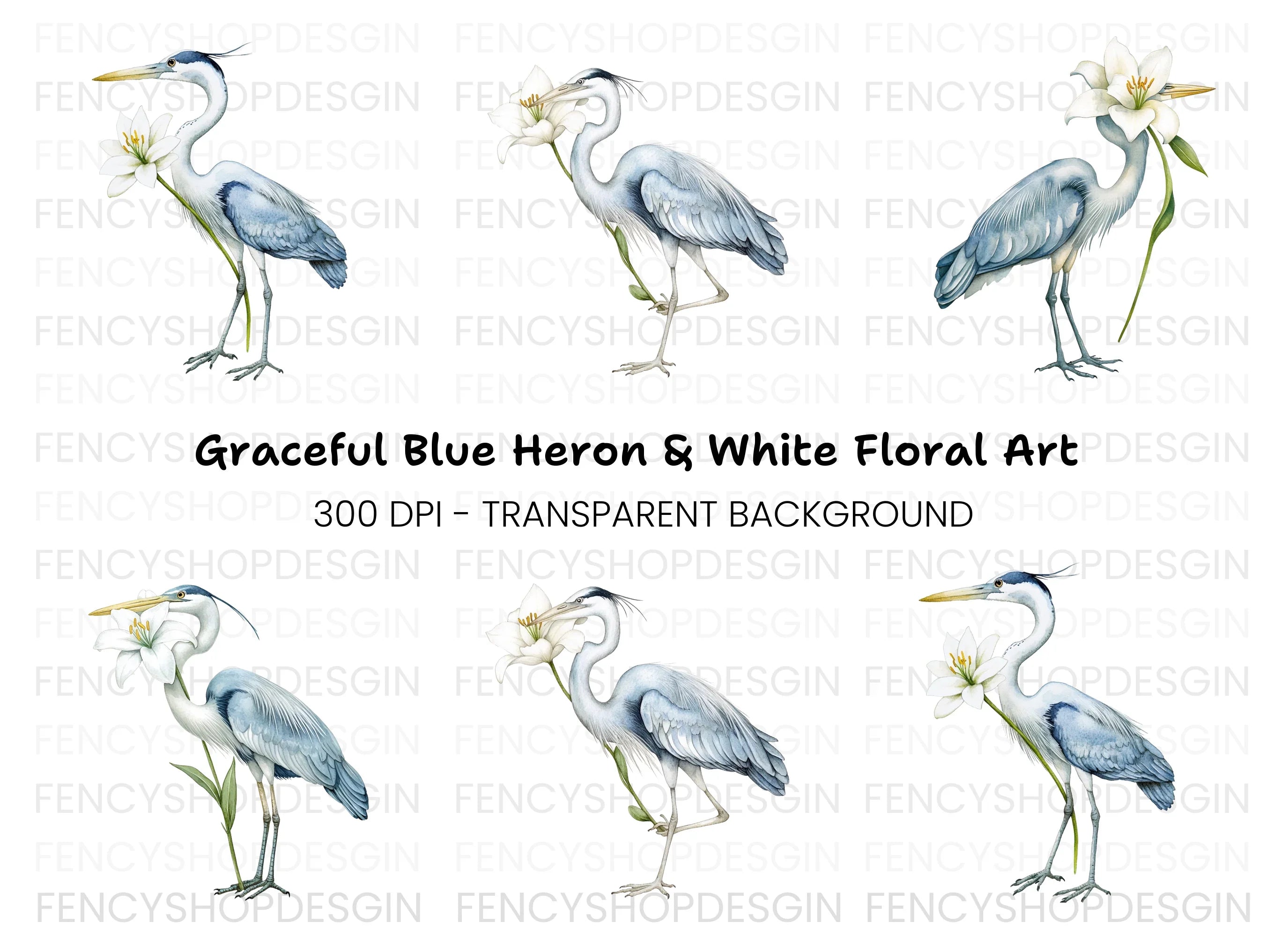 Heron with White Lily Flower Clipart Bundle