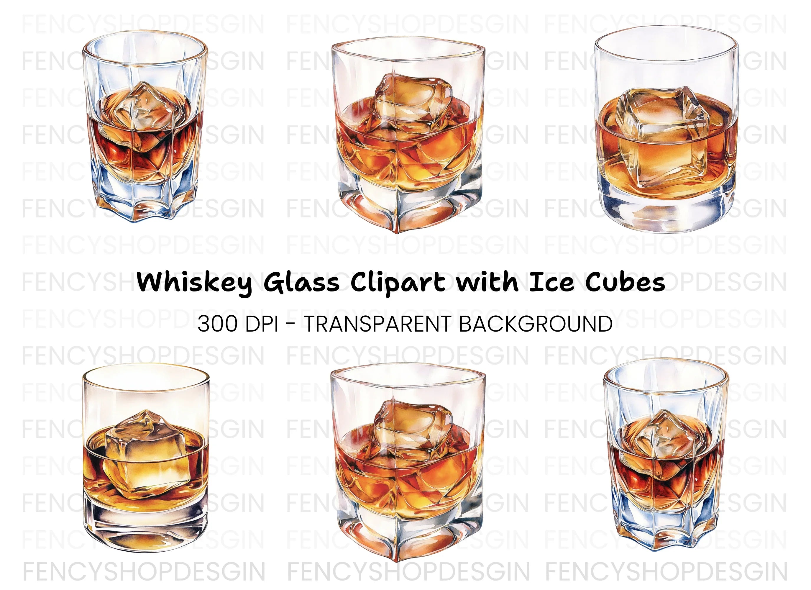 Whiskey Glasses with Ice Clipart Bundle