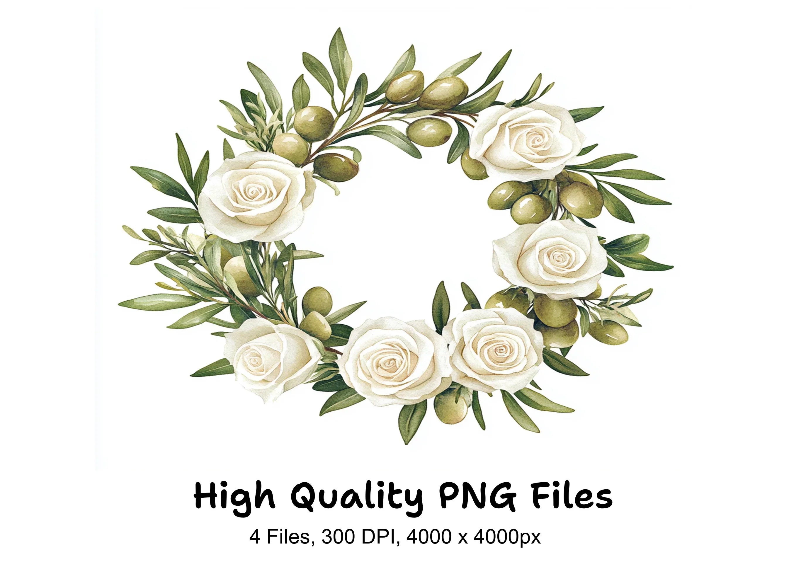 Olive White Rose Wreaths Clipart Bundle