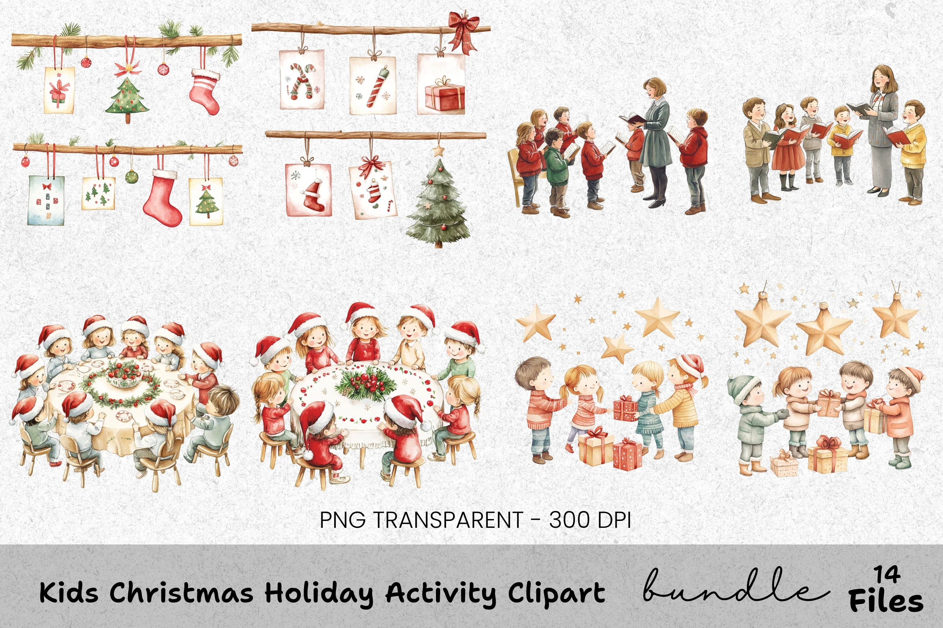 Kids Decorating Christmas Tree Clipart Bundle