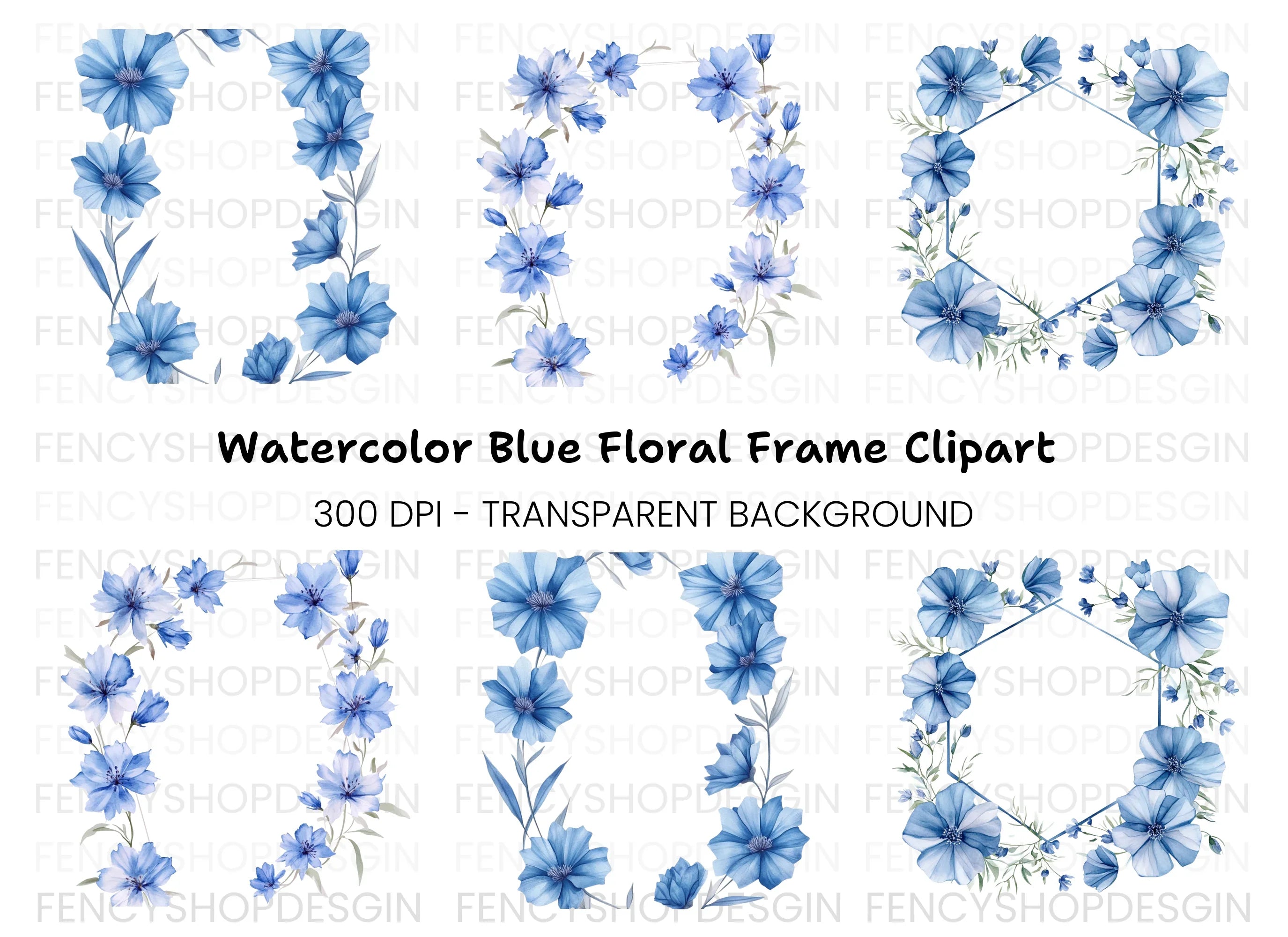 Blue Floral Wreaths Clipart Bundle