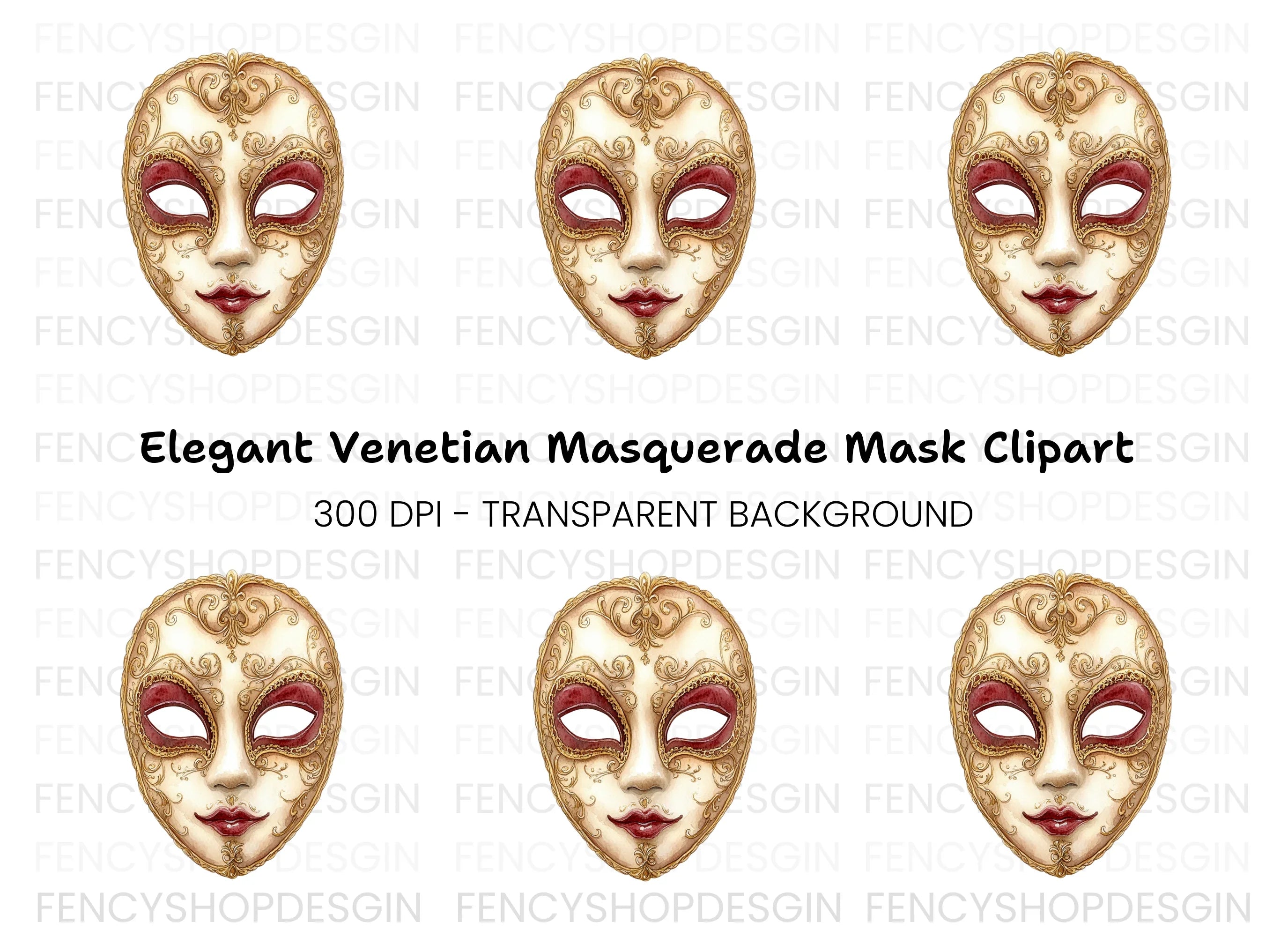 Regal Gold Red Venetian Mask Clipart Bundle