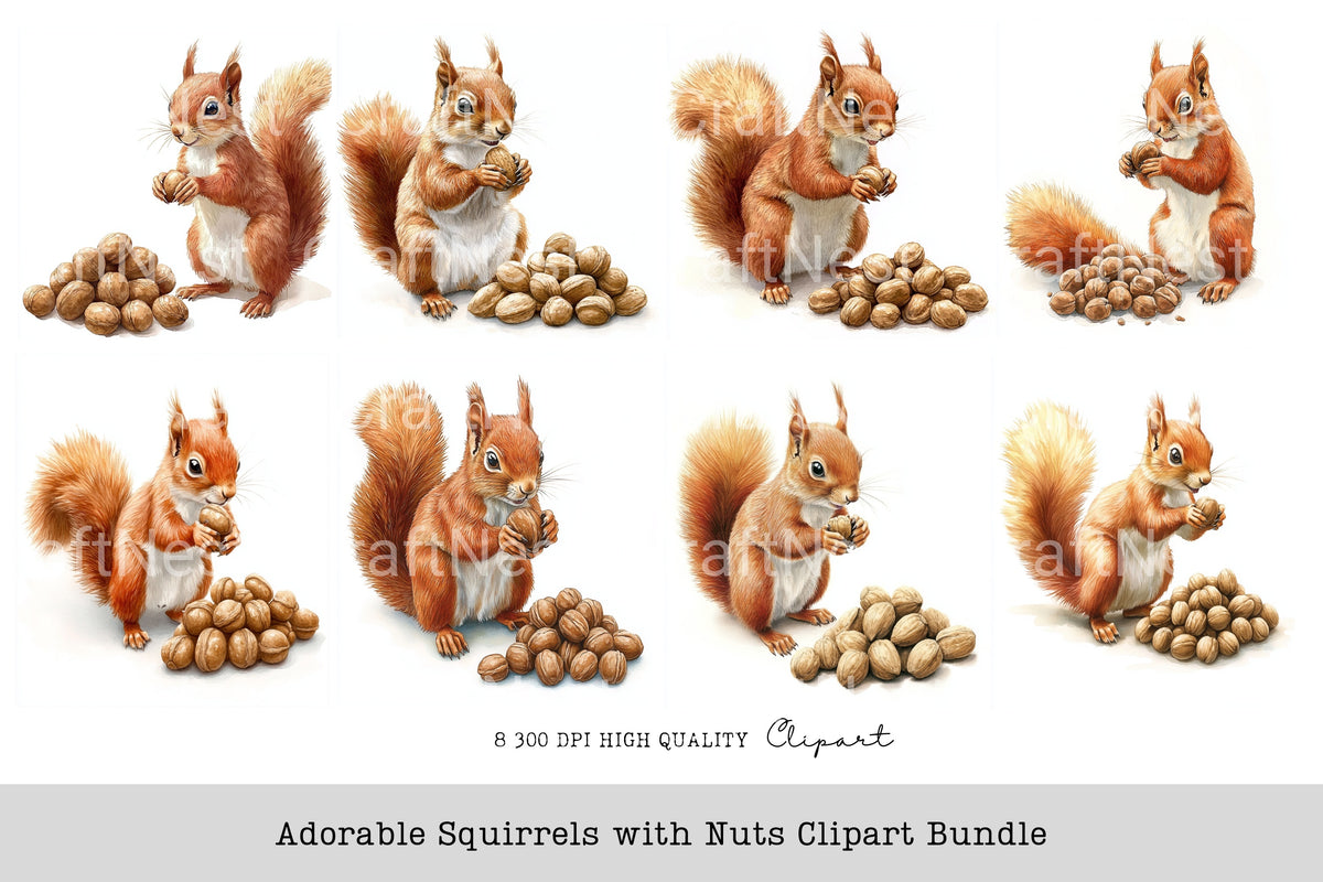 Adorable Squirrels With Nuts Clipart Bundle
