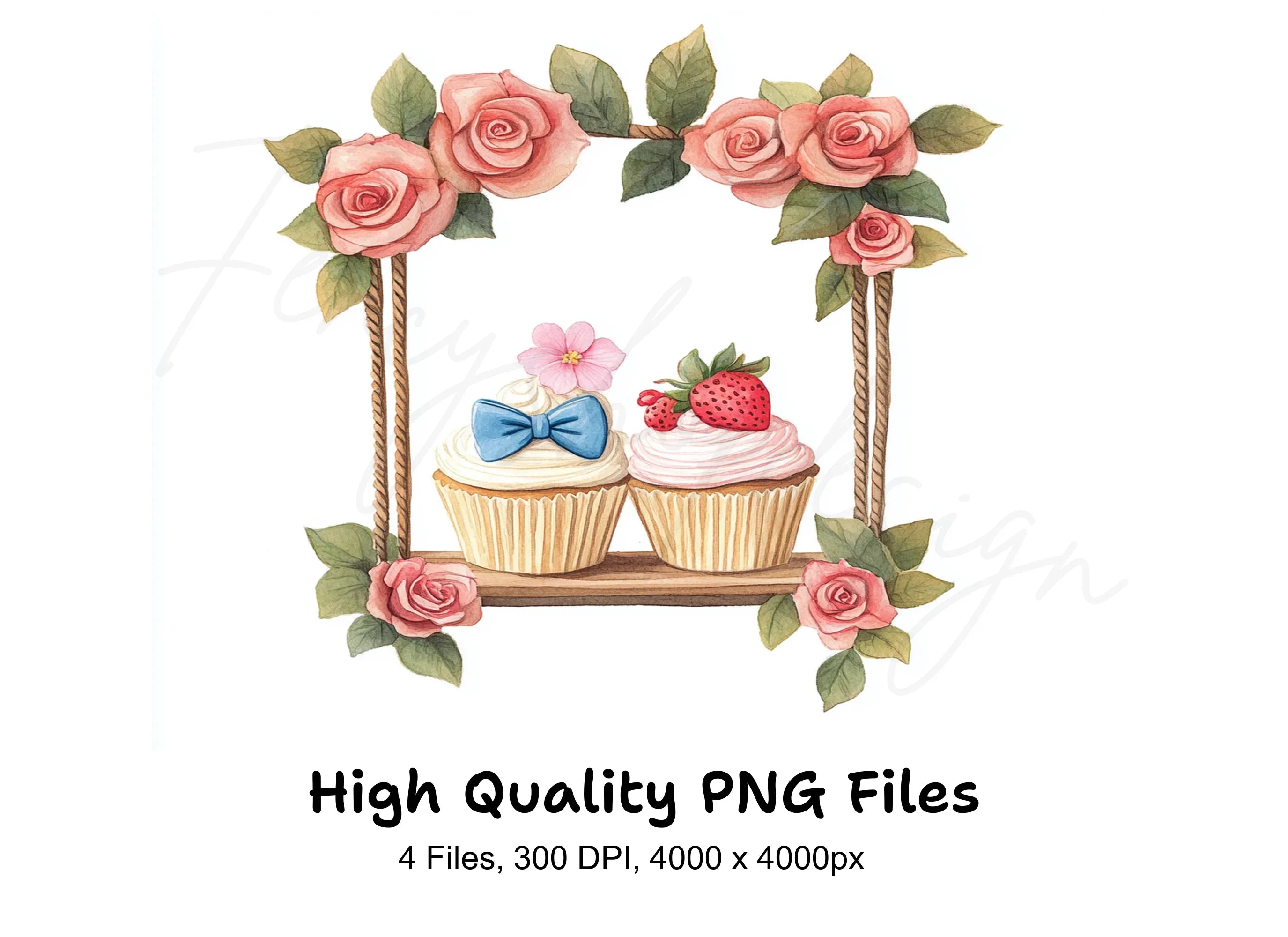 Romantic Cupcakes on Floral Swing Clipart Bundle
