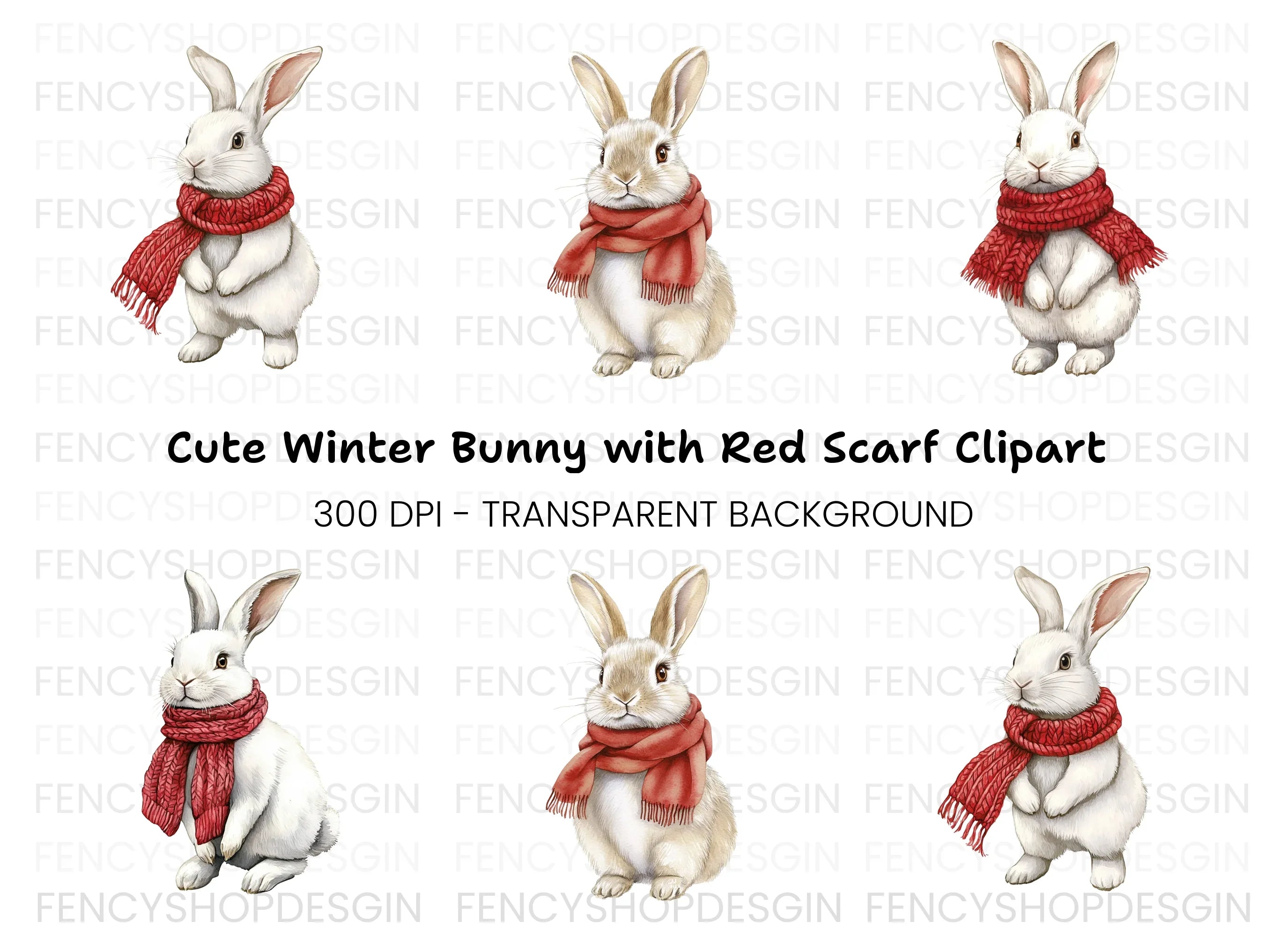 White Bunnies with Red Scarves Clipart Bundle