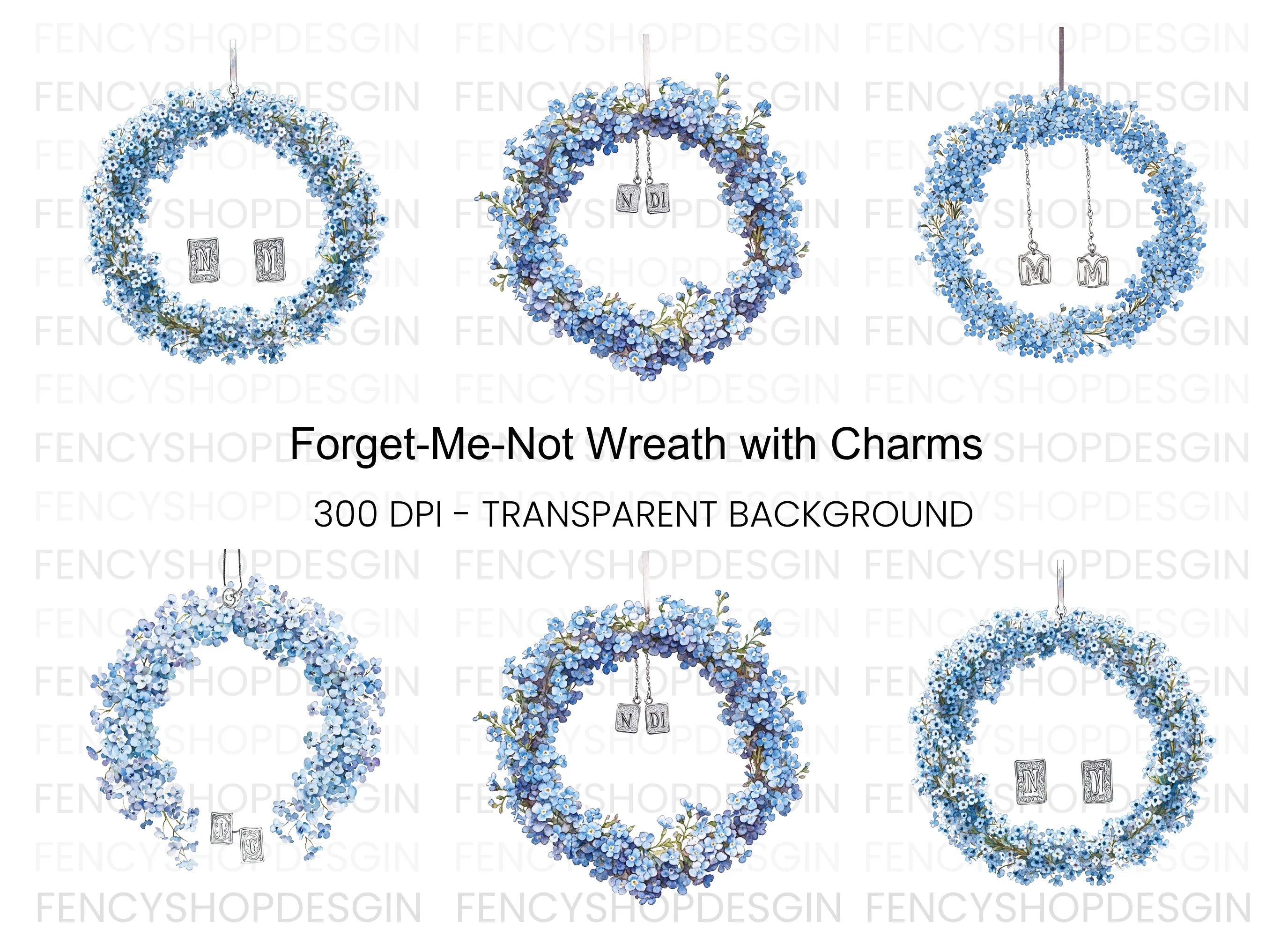 Forget Me Not Wreaths with Initials Clipart Bundle