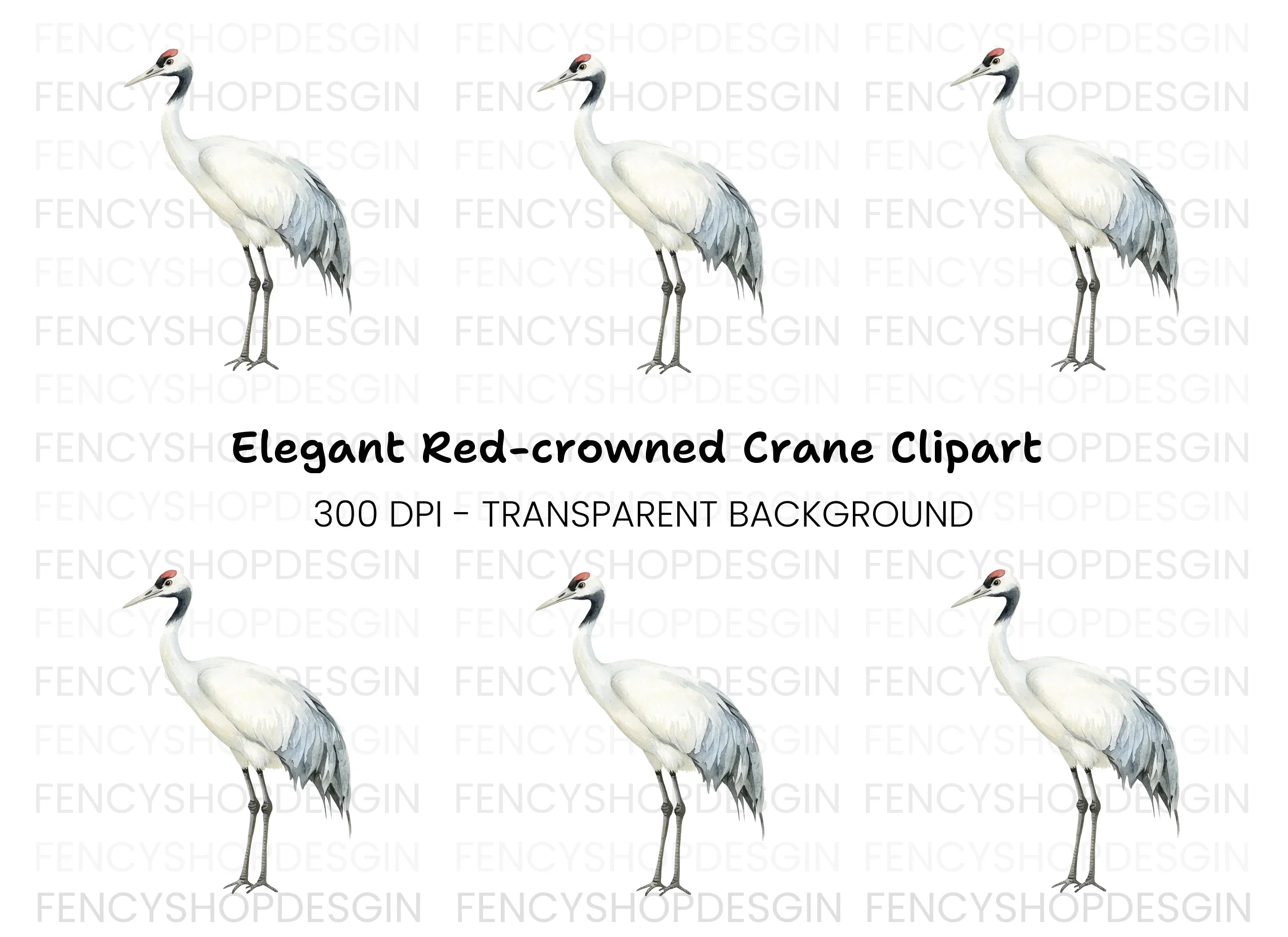 Elegant Red Crowned Crane Clipart Bundle