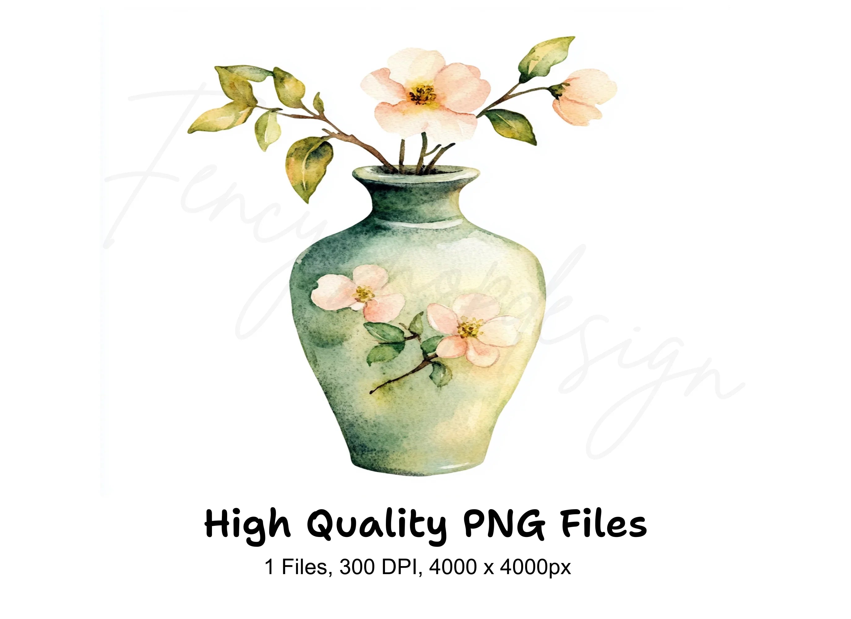 Green Vase Cherry Blossom Clipart Bundle