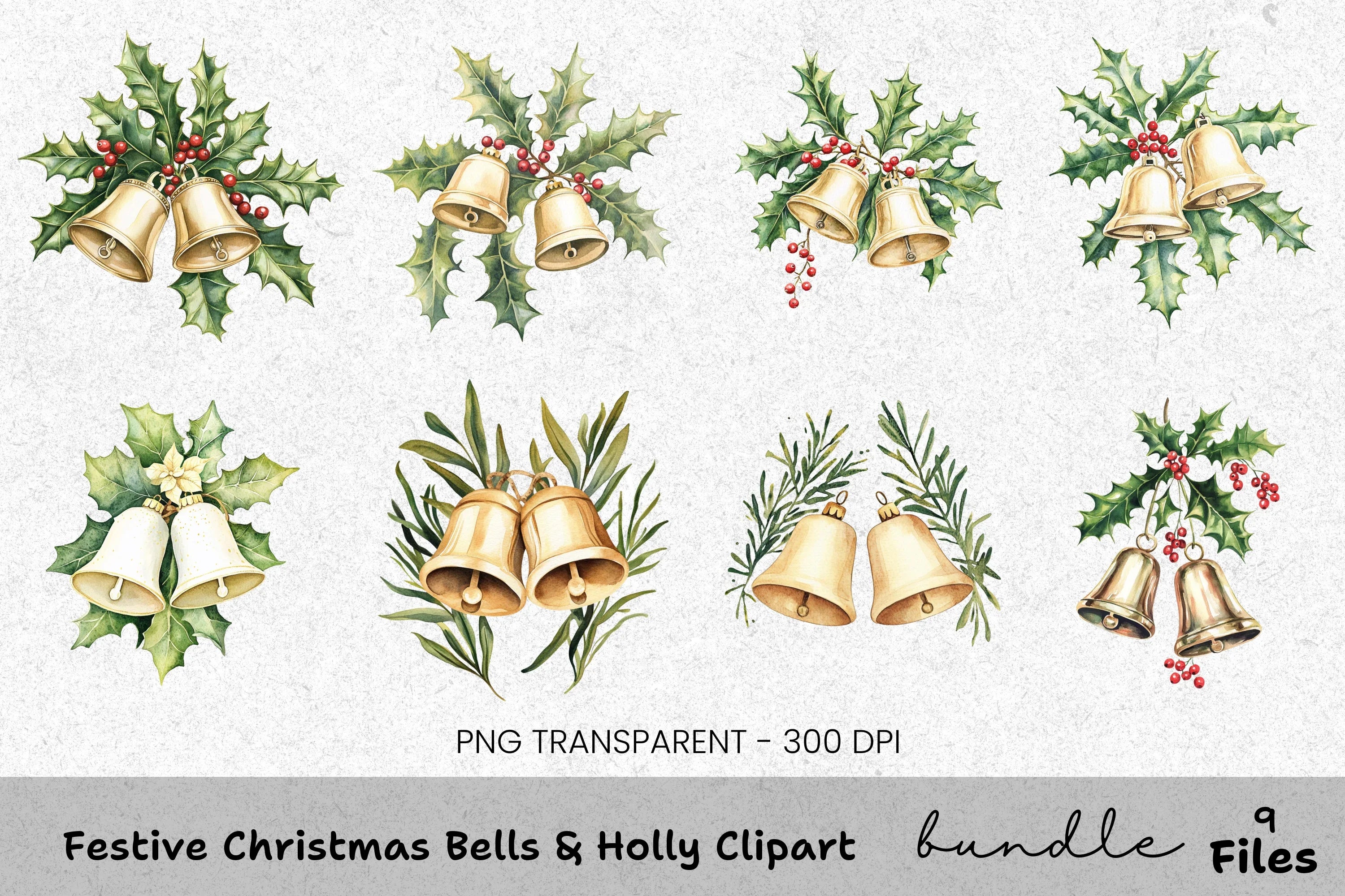Festive Christmas Bells Holly Clipart Bundle