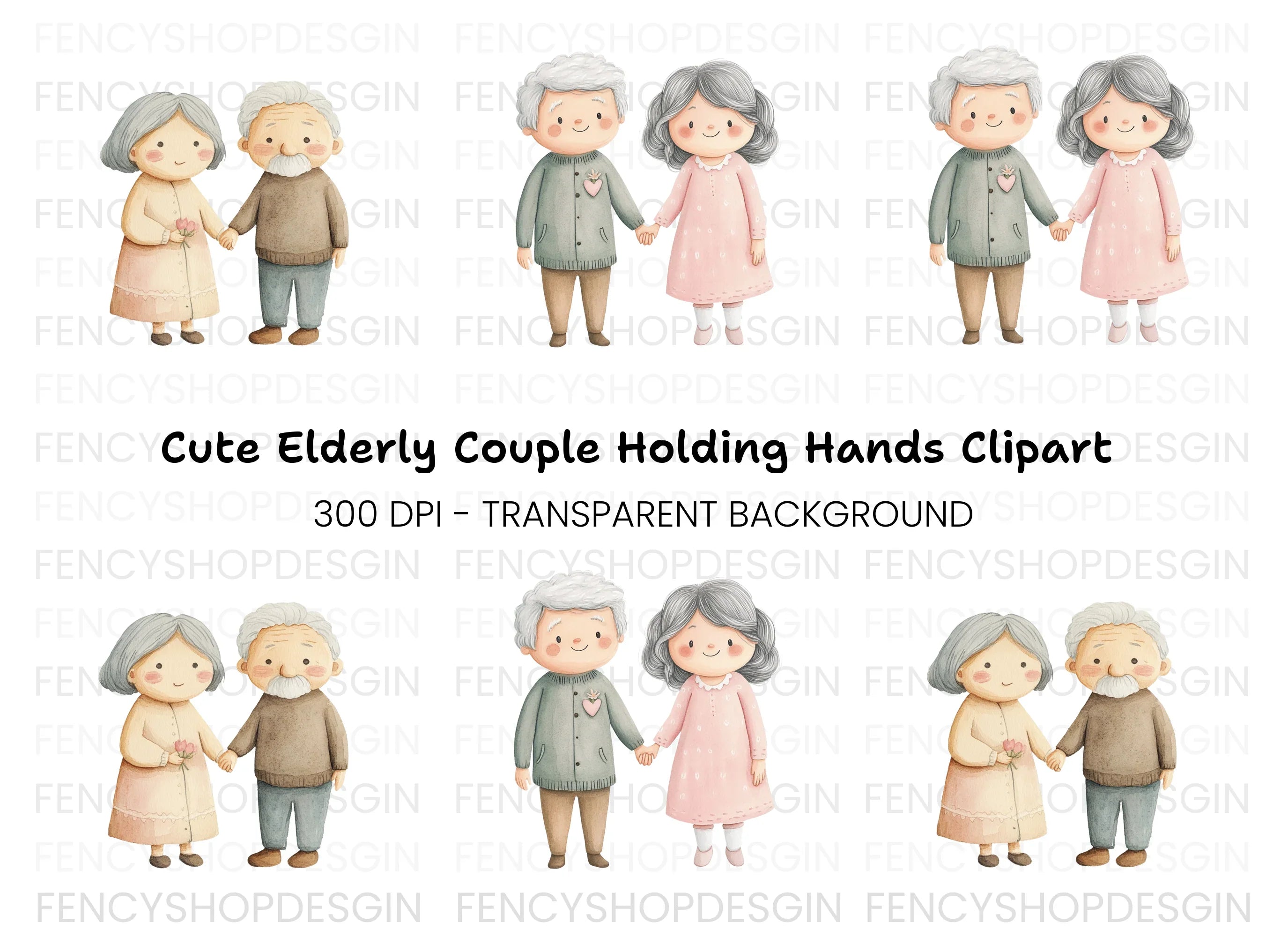 Cute Elderly Couple Holding Hands Clipart Bundle