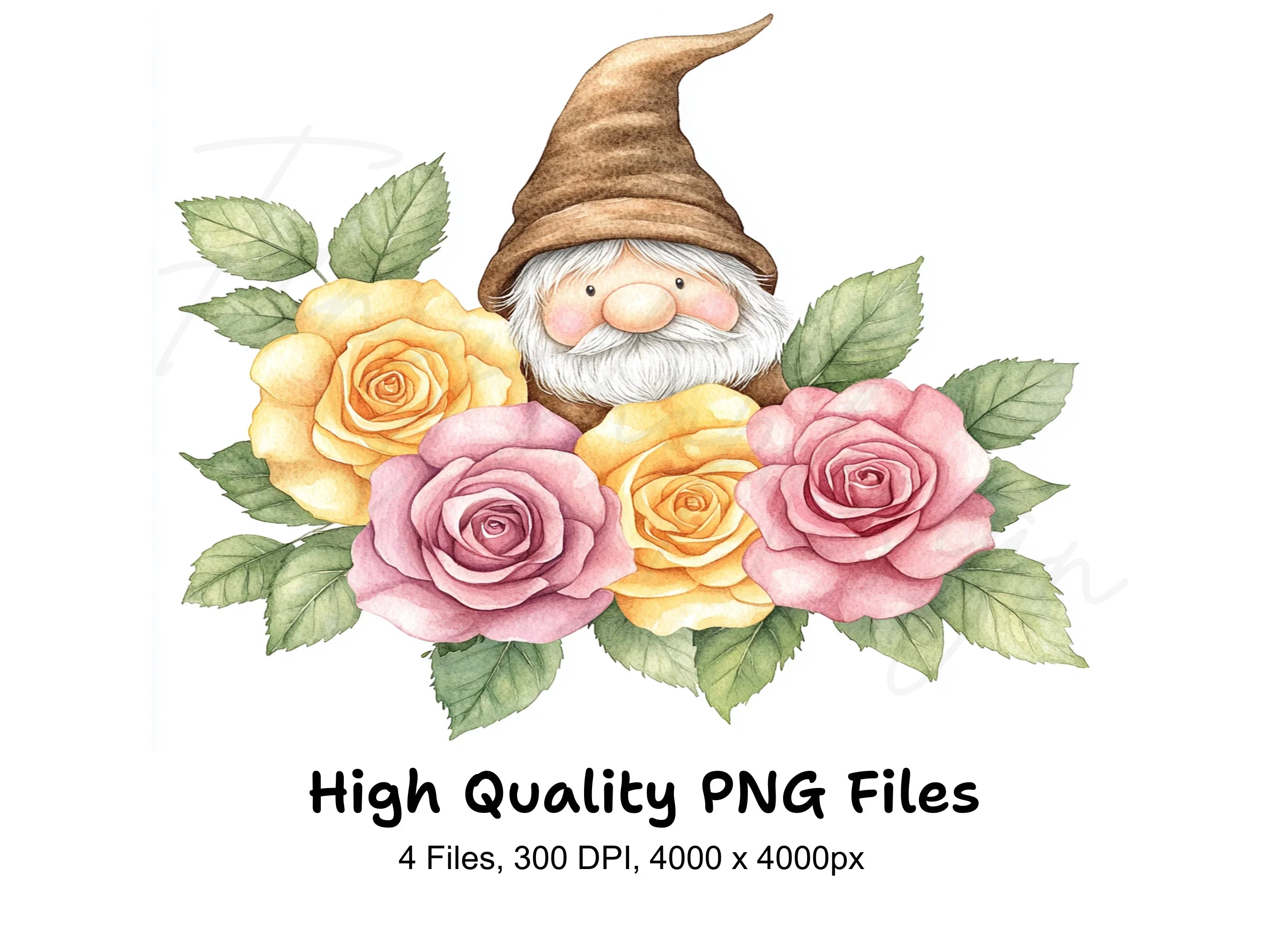 Cute Gnome with Rose Bouquet Clipart Bundle