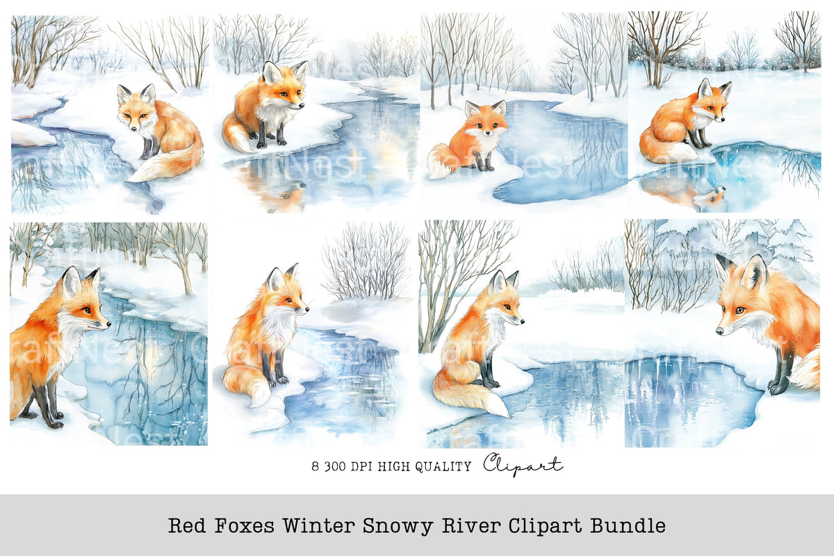 Red Foxes Winter Snowy River Clipart Bundle