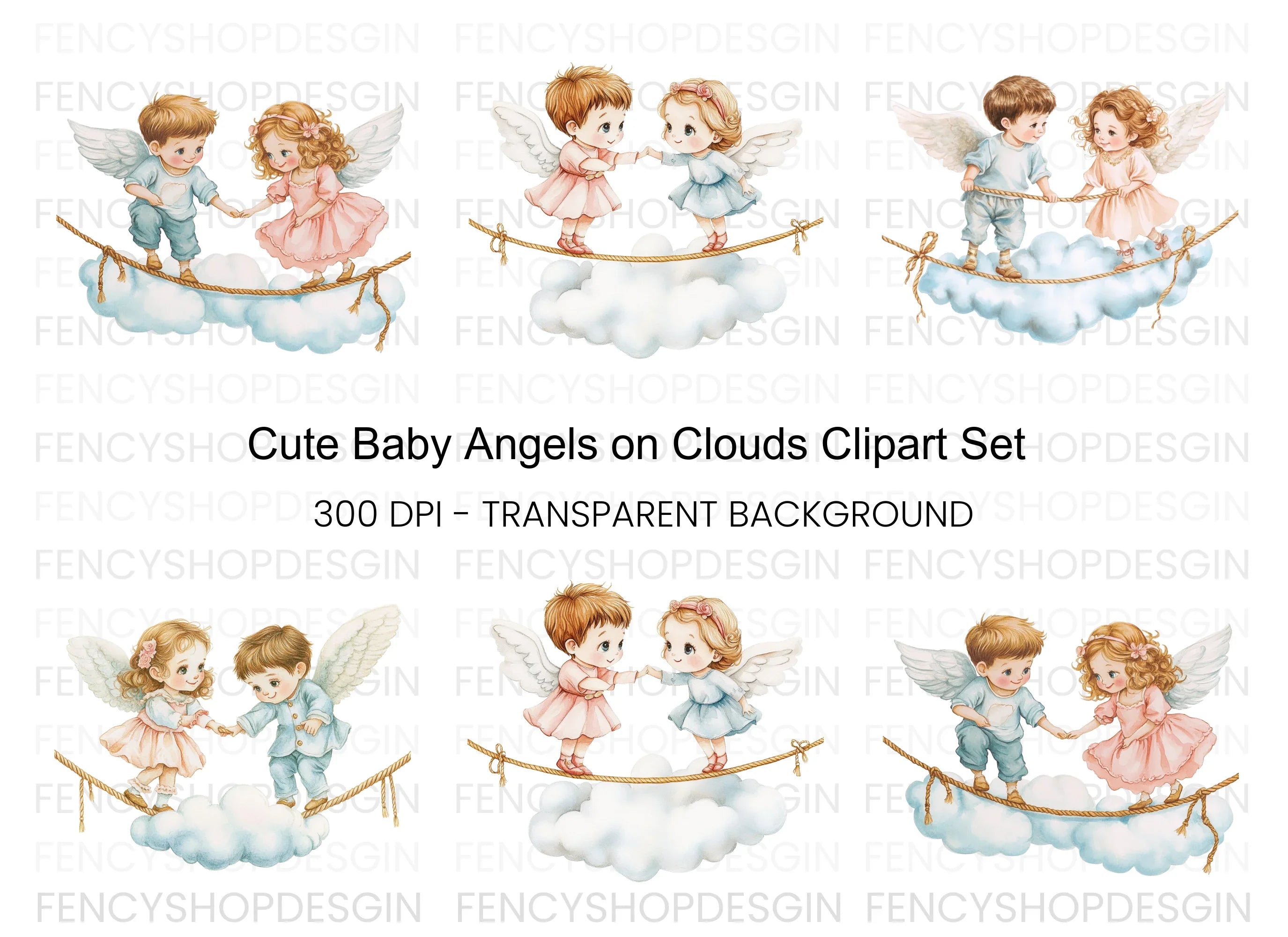 Cute Angel Couples on Cloud Clipart Bundle