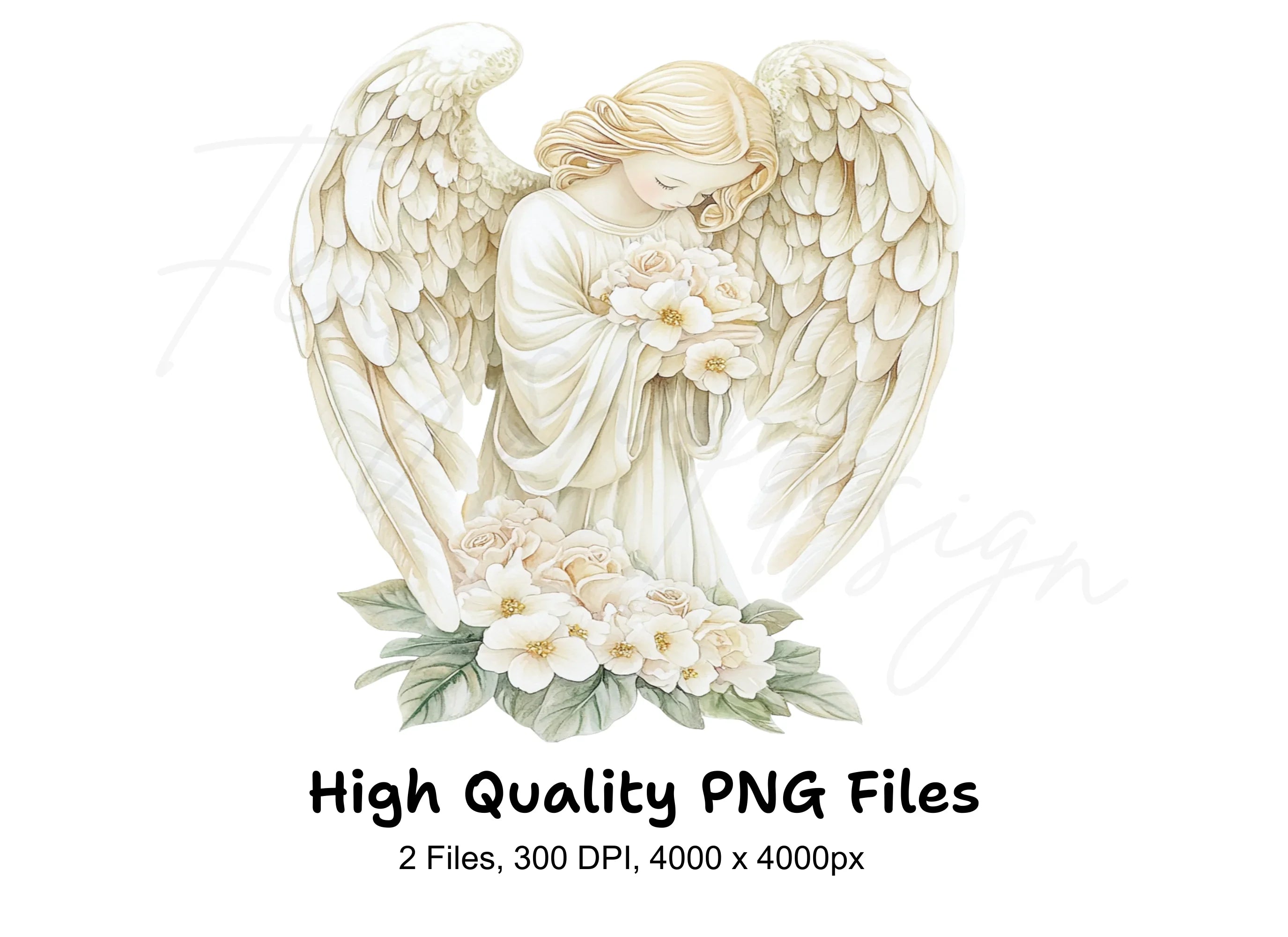 Graceful Angel with Rose Bouquet Clipart Bundle
