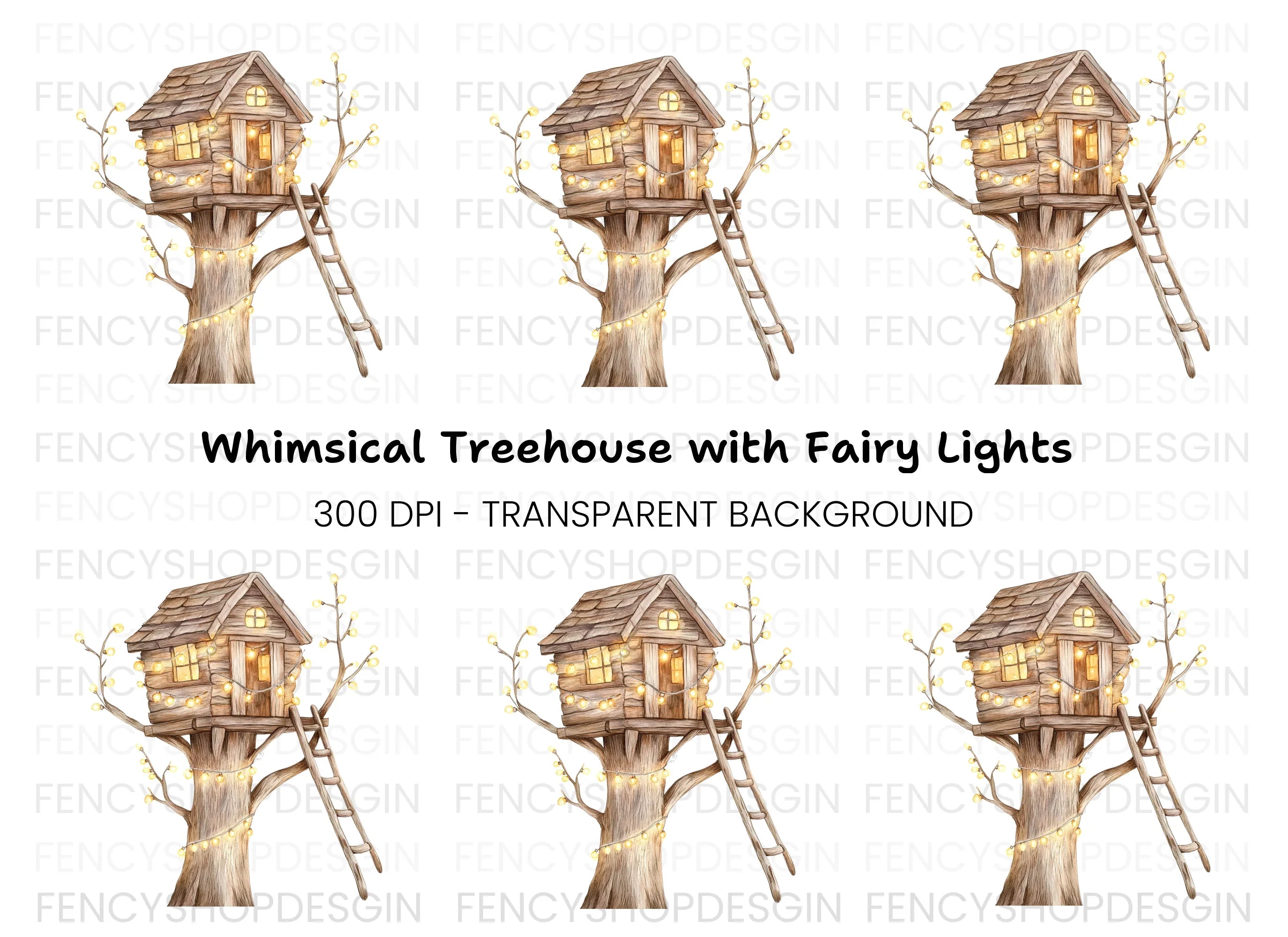 Cozy Treehouse with Glowing Lights Clipart Bundle