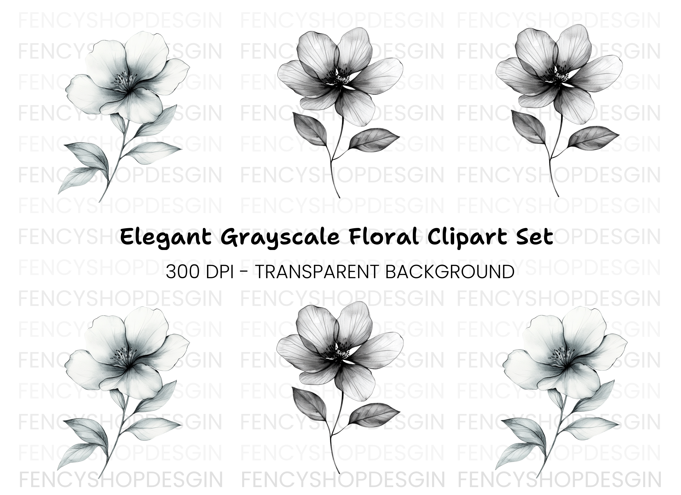 Elegant Black and White Floral Clipart Bundle