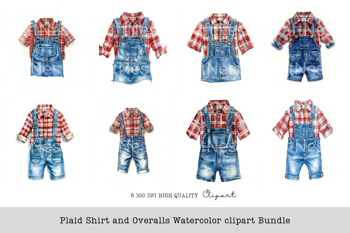 Plaid Shirt And Overalls Clipart Bundle