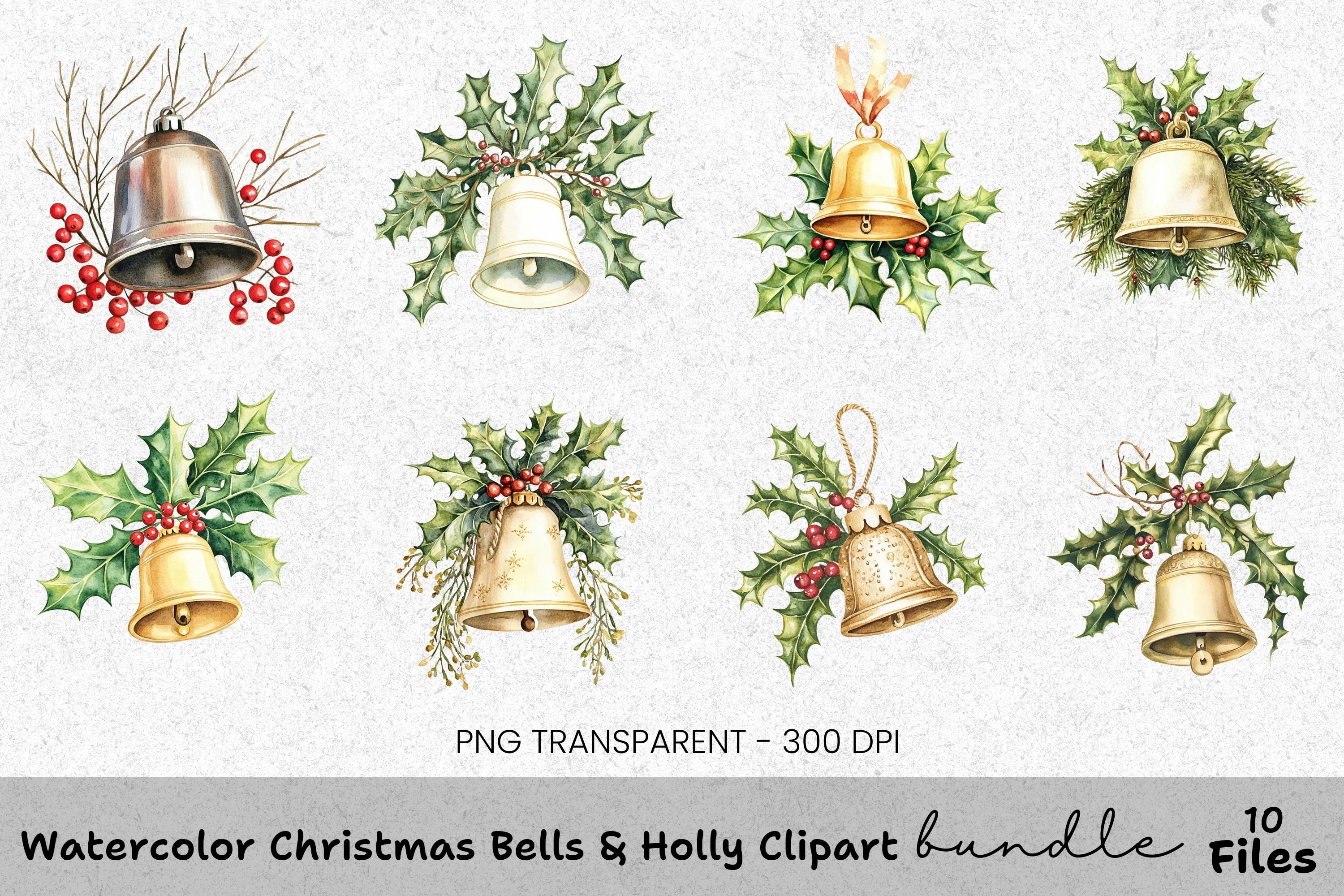Christmas Bells and Holly Clipart Bundle