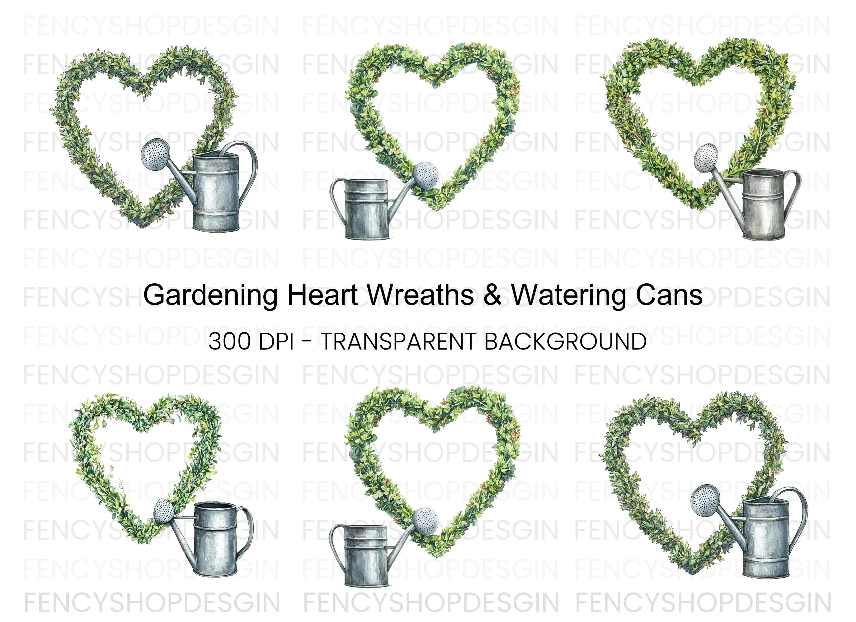 Greenery Heart Watering Can Clipart Bundle