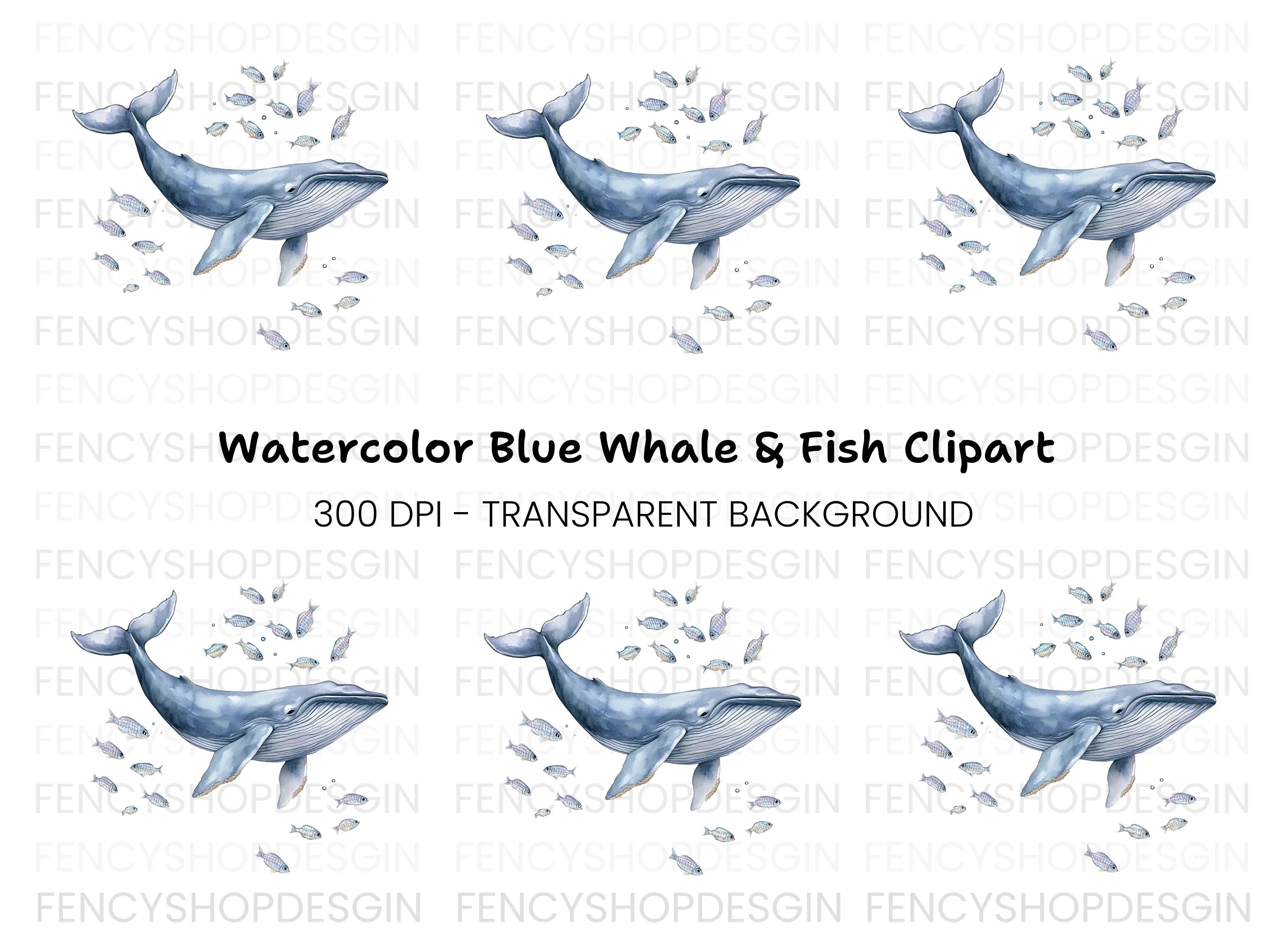 Blue Whale and Fish Ocean Clipart Bundle