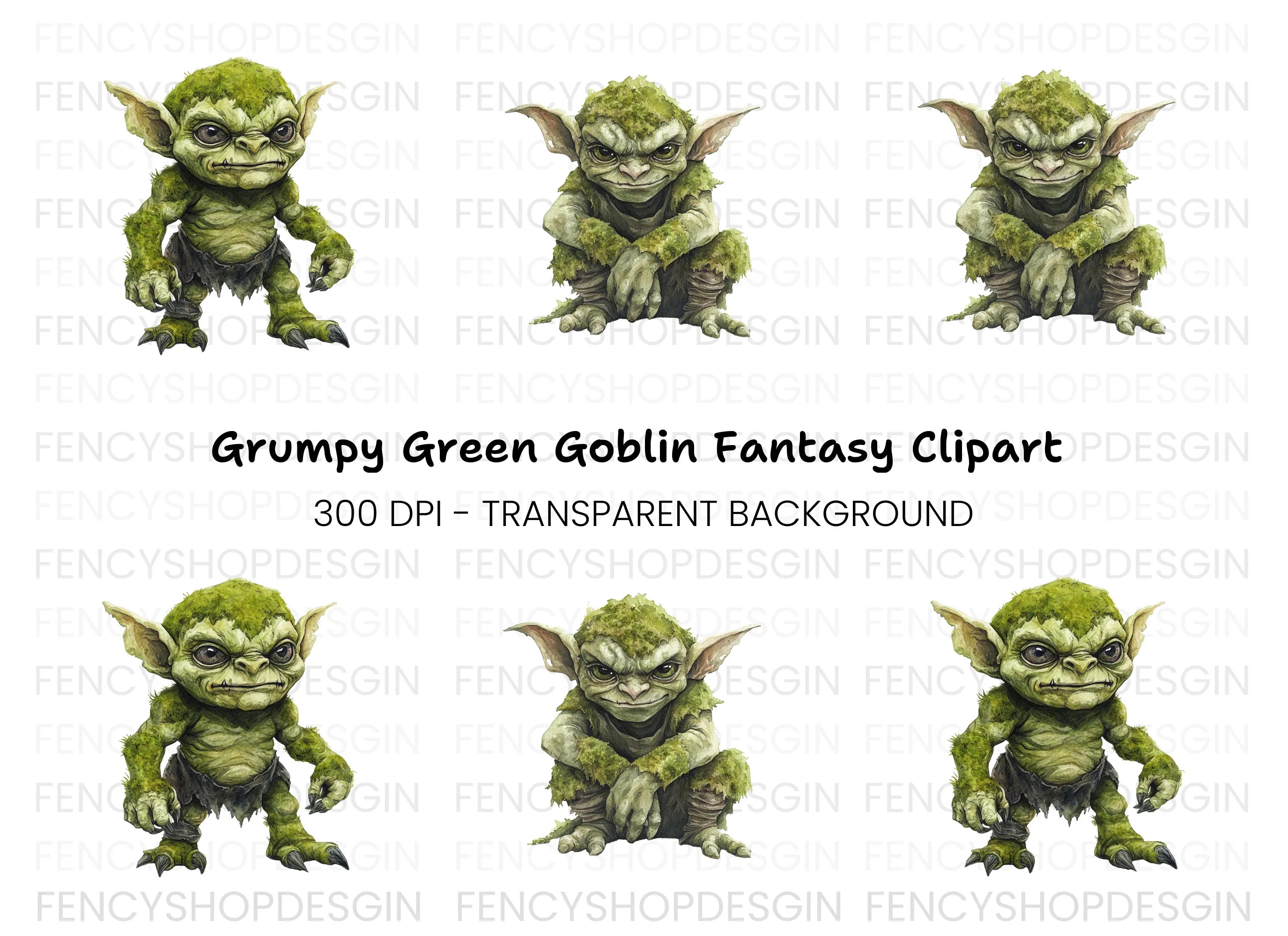 Grumpy Green Goblin Creatures Clipart Bundle