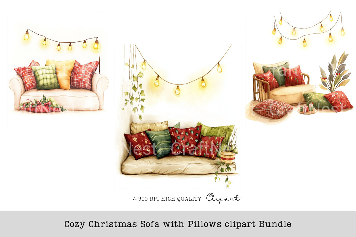 Cozy Christmas Sofa With Pillows Clipart Bundle
