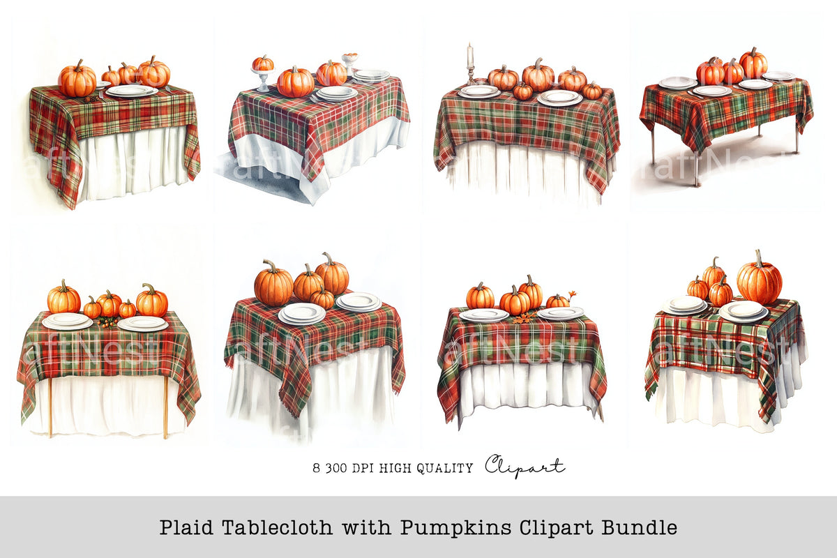 Plaid Tablecloth With Pumpkins Clipart Bundle