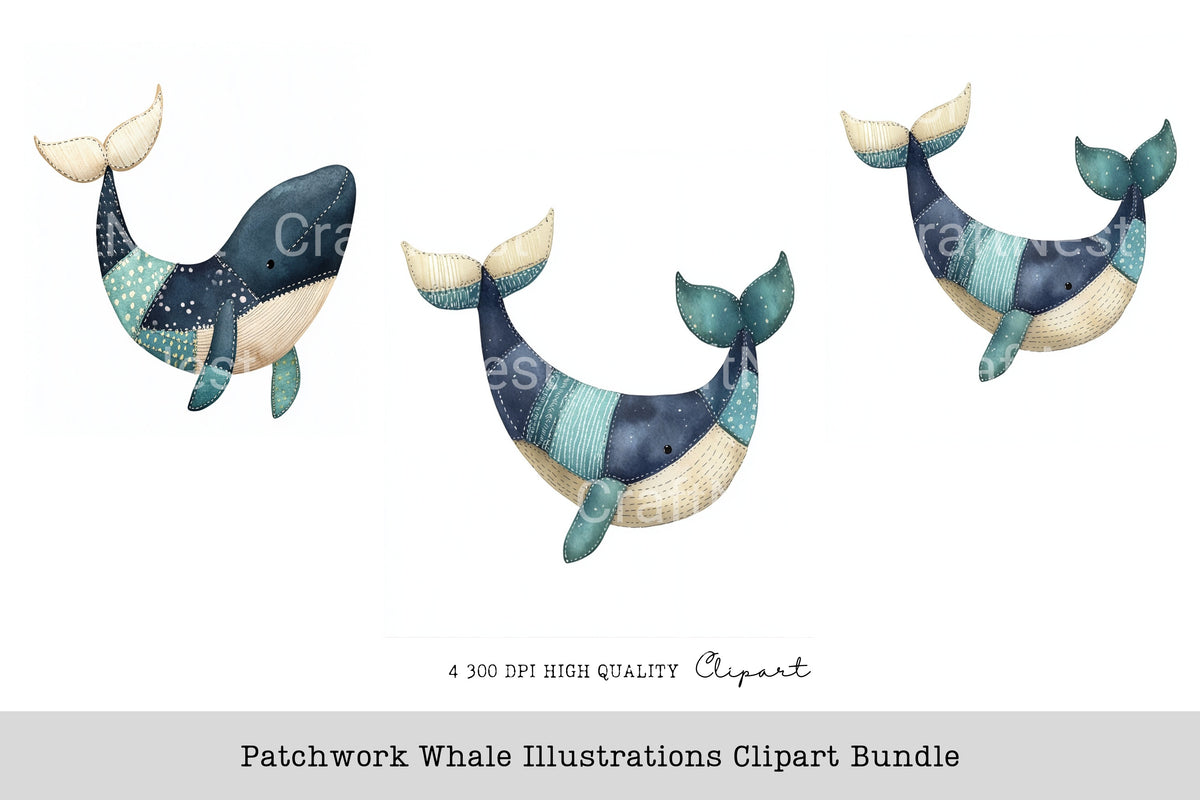 Patchwork Whale Illustrations Clipart Bundle