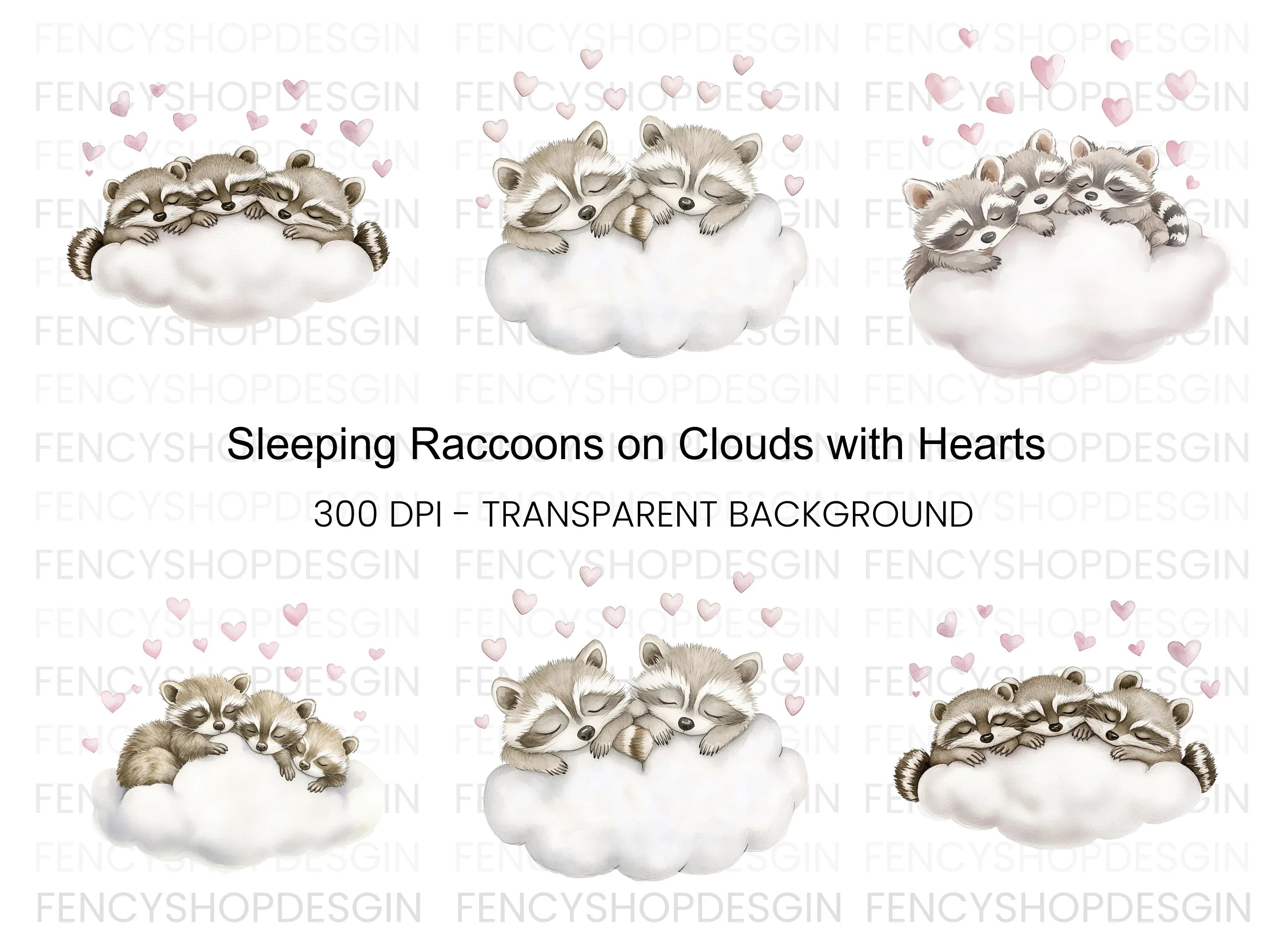 Sleeping Raccoons on Clouds Clipart Bundle