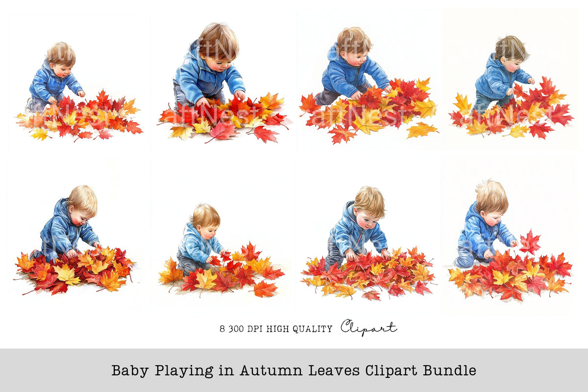 Baby Playing In Autumn Leaves Clipart Bundle