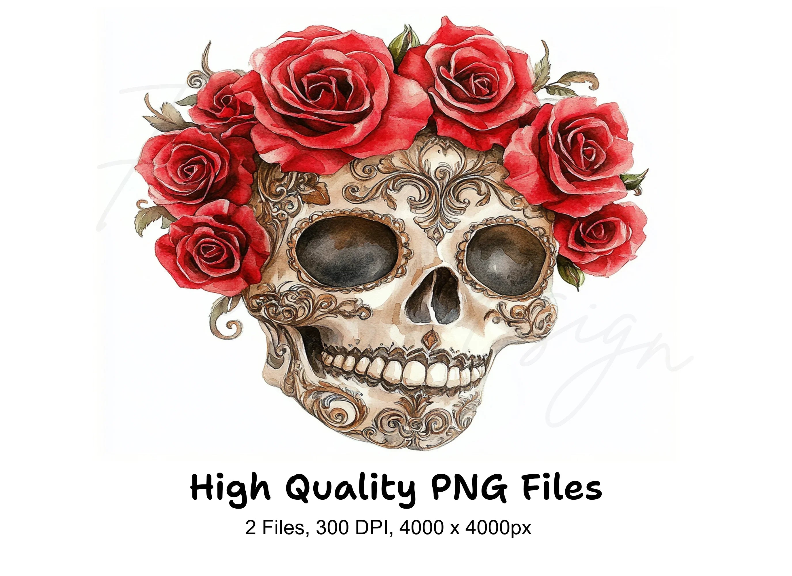 Red Roses Sugar Skull Clipart Bundle