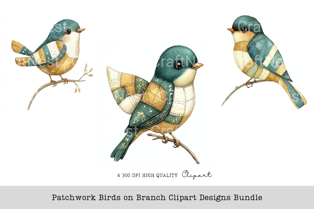 Patchwork Birds On Branch Designs Clipart Bundle