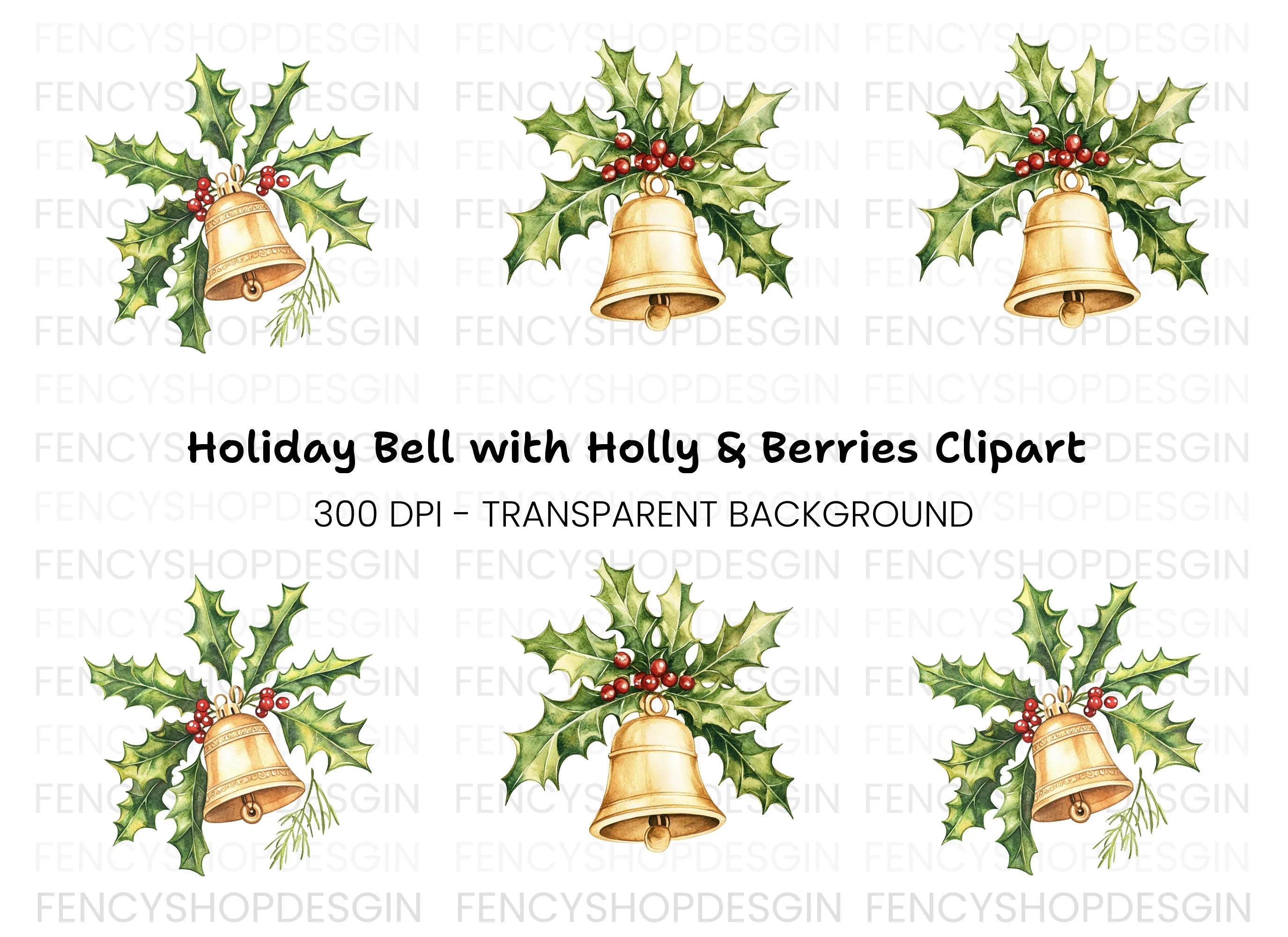 Festive Holly and Bell Christmas Clipart Bundle