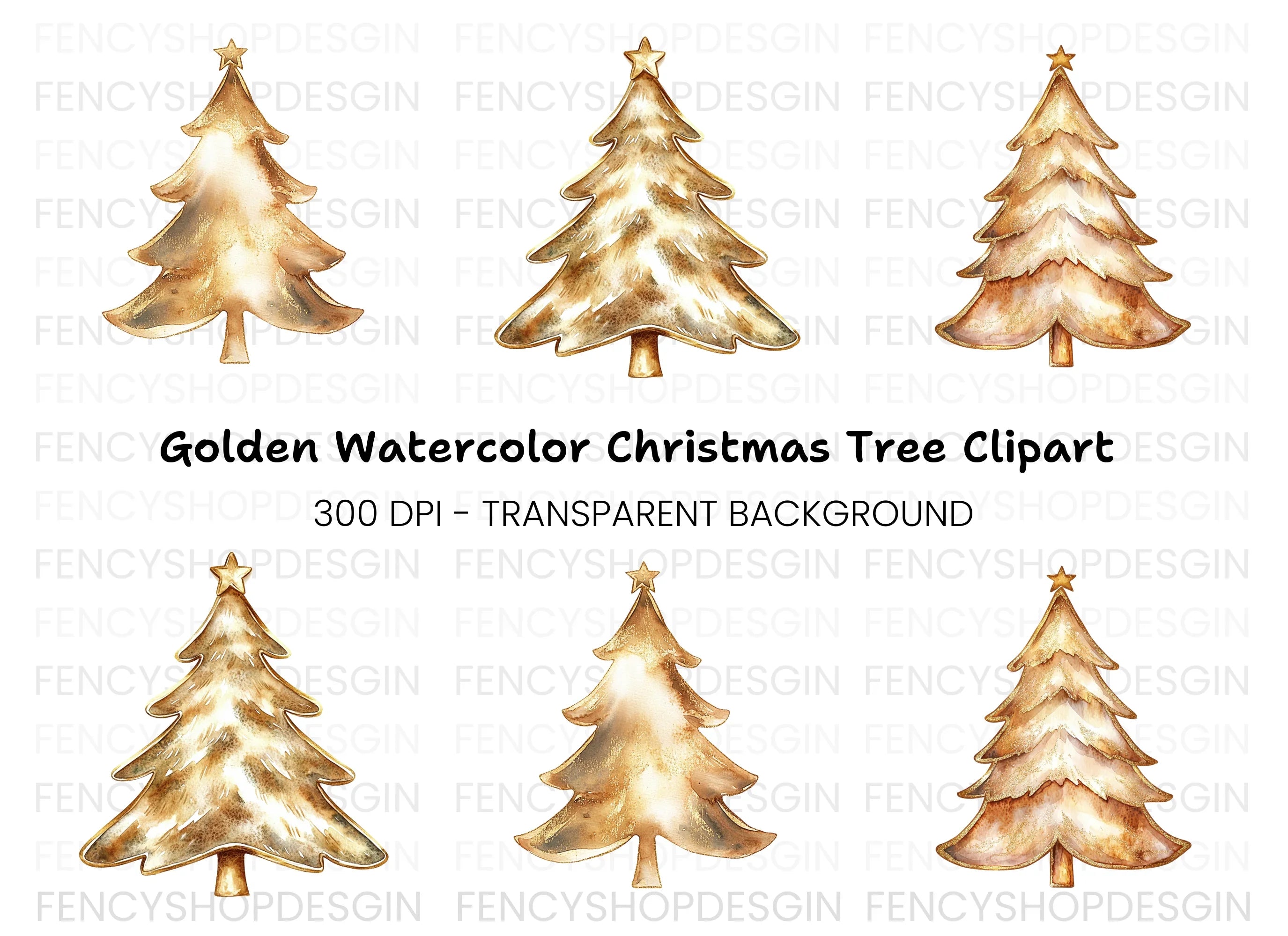 Golden Christmas Trees Clipart Bundle