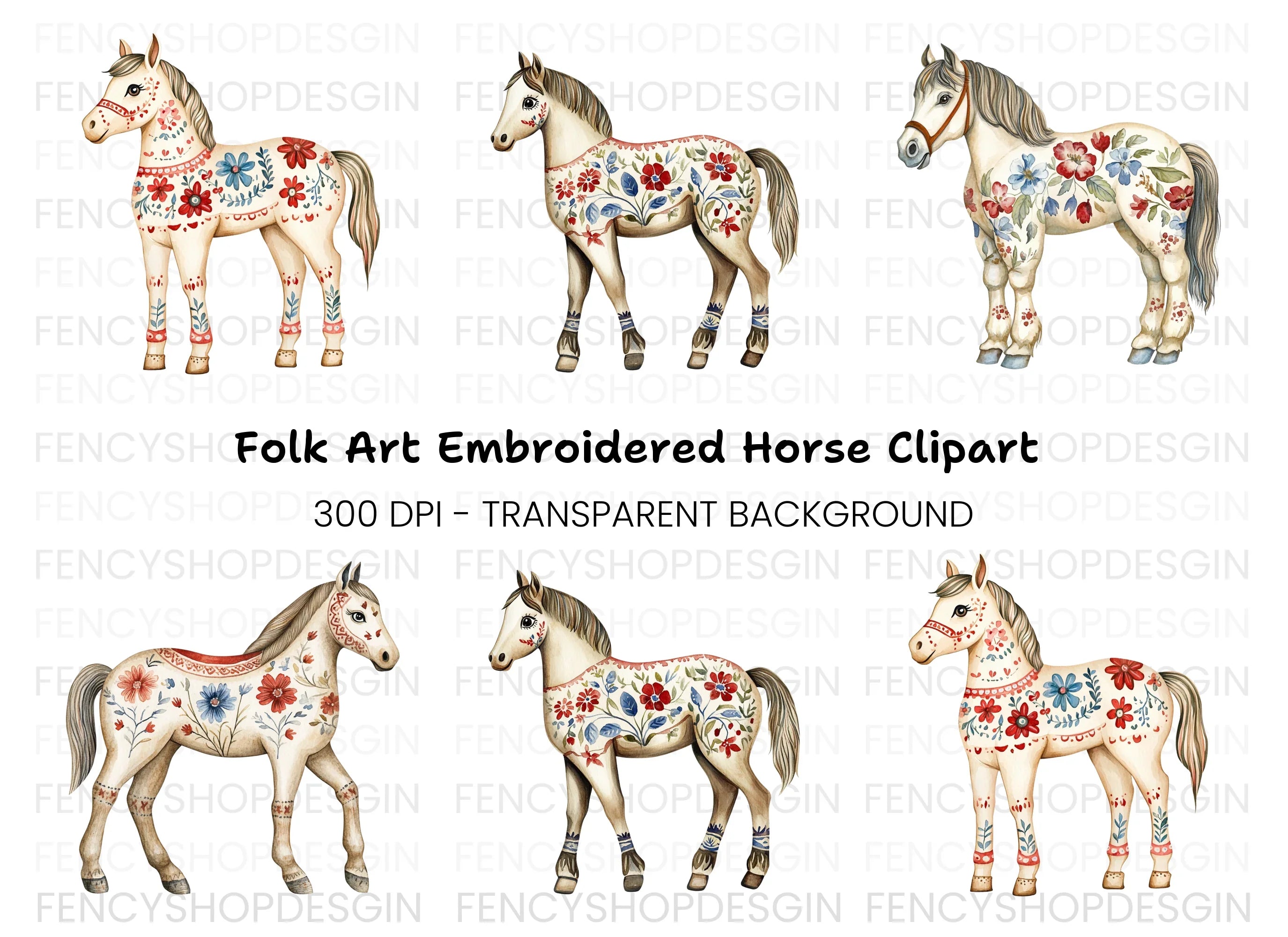 Floral Painted Horses Clipart Bundle