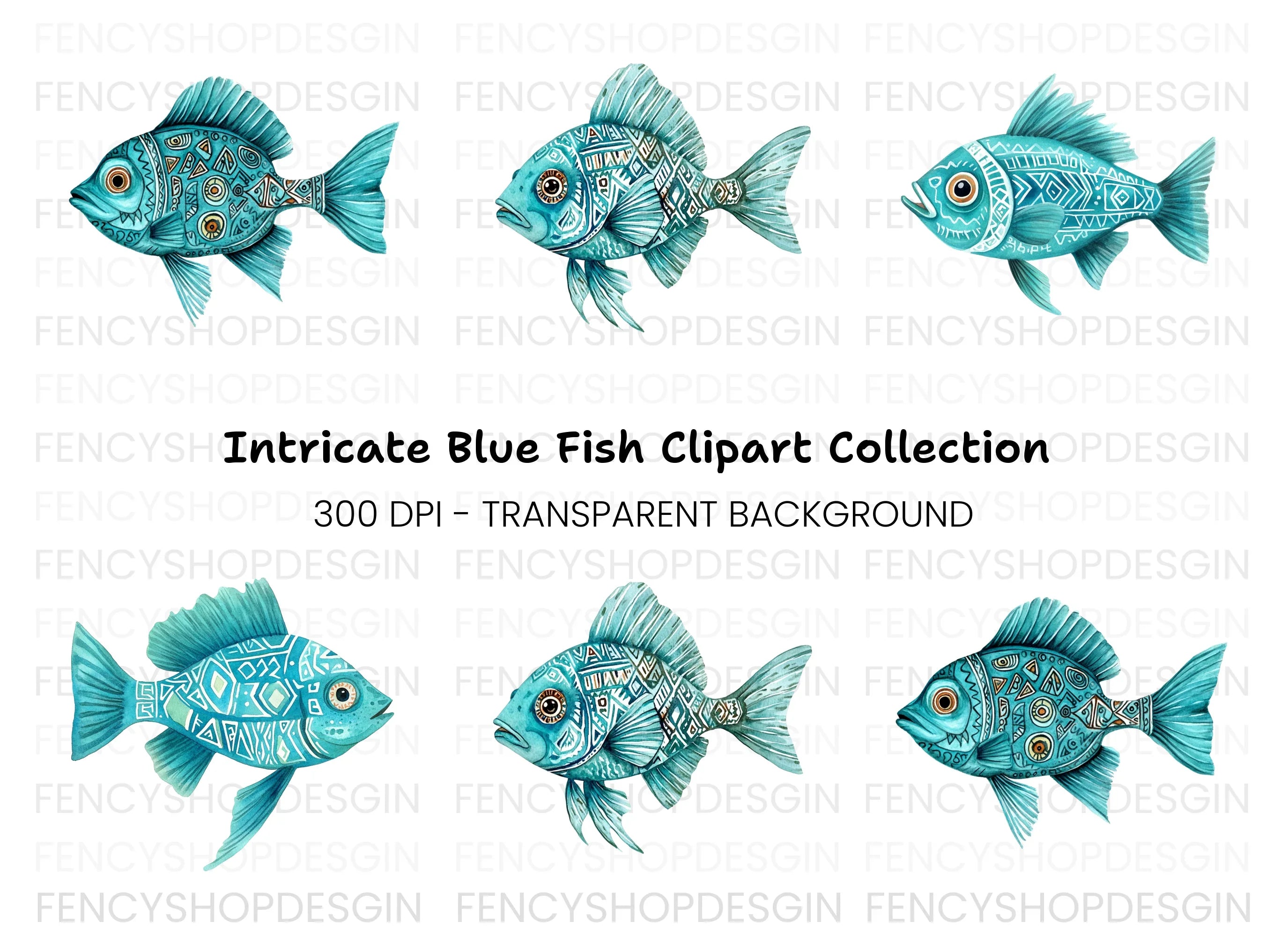 Blue Tribal Pattern Fish Clipart Bundle