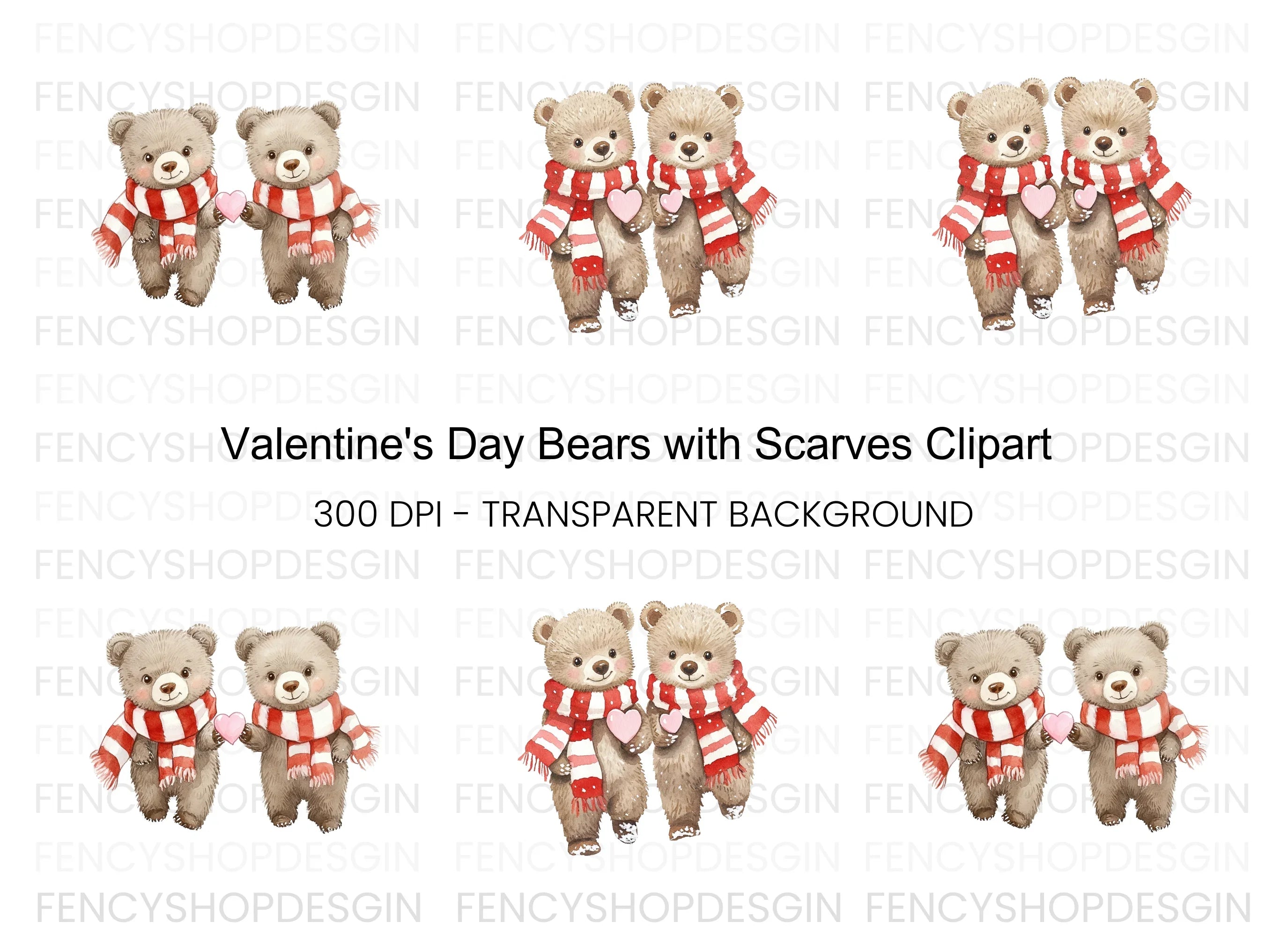 Sweet Bear Couple with Scarves and Hearts Clipart Bundle