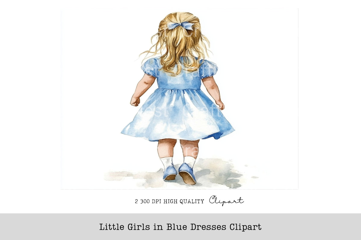 Little Girls In Blue Dresses Clipart Bundle