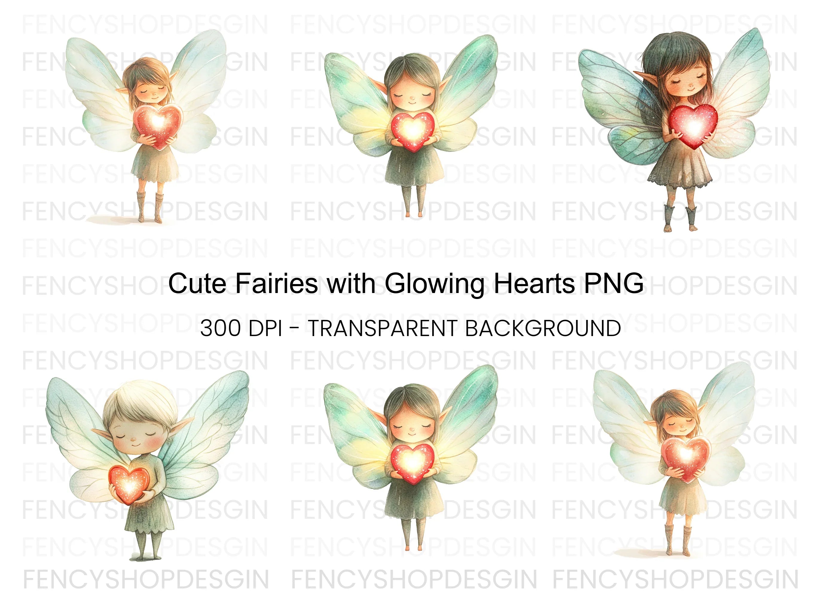 Cute Fairies with Glowing Hearts Clipart Bundle