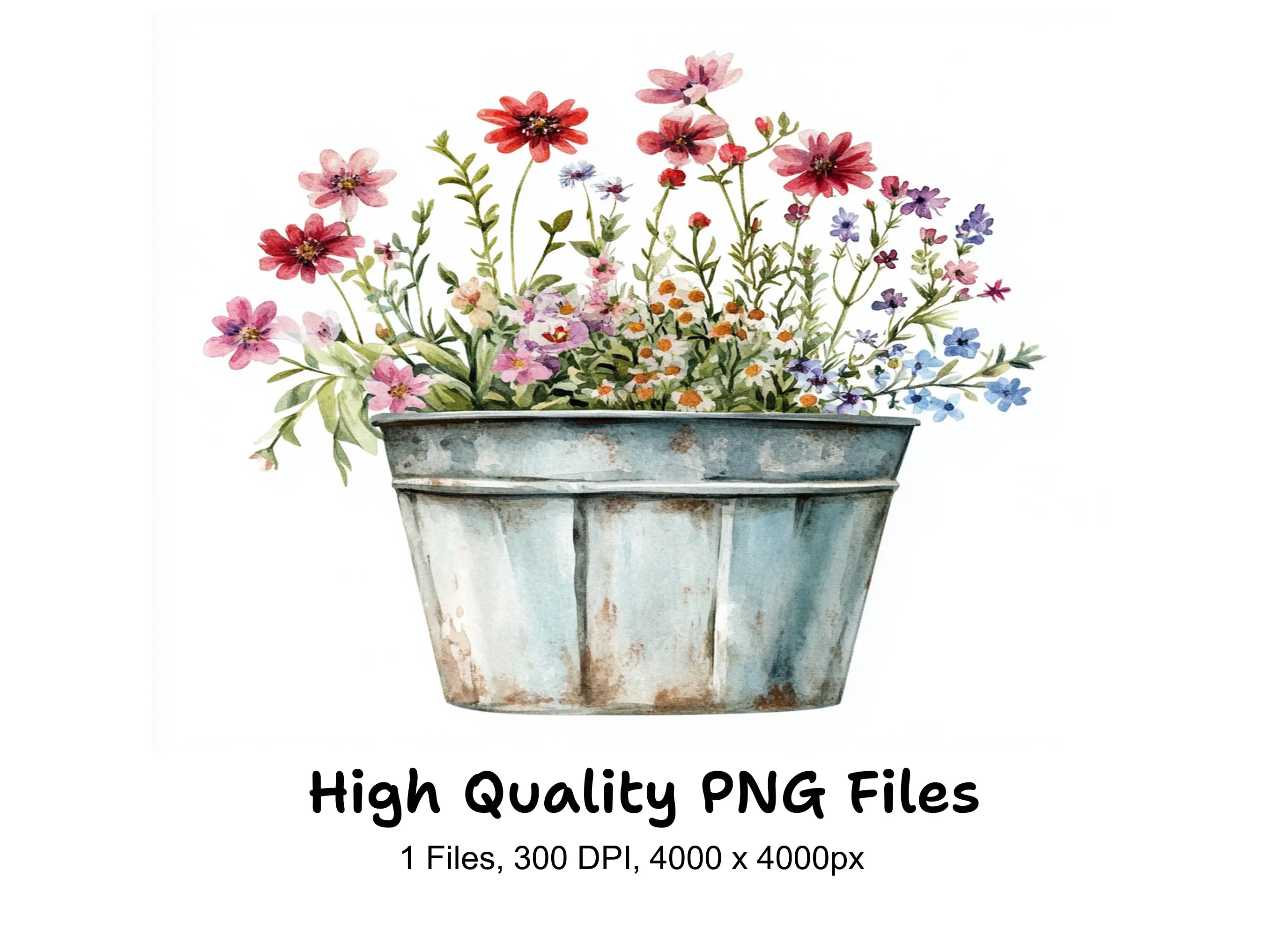 Wildflower Arrangement in Galvanized Bucket Clipart Bundle